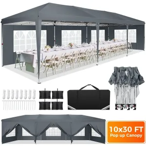 Hoteel 10x30Party Pop Up Canopy Tent, Removable Canopy Tent with 8 Side Walls, Waterproof Commercial Instant Shelter Tent for Weddings, Patio with Tote Bag and 4 Sandbags