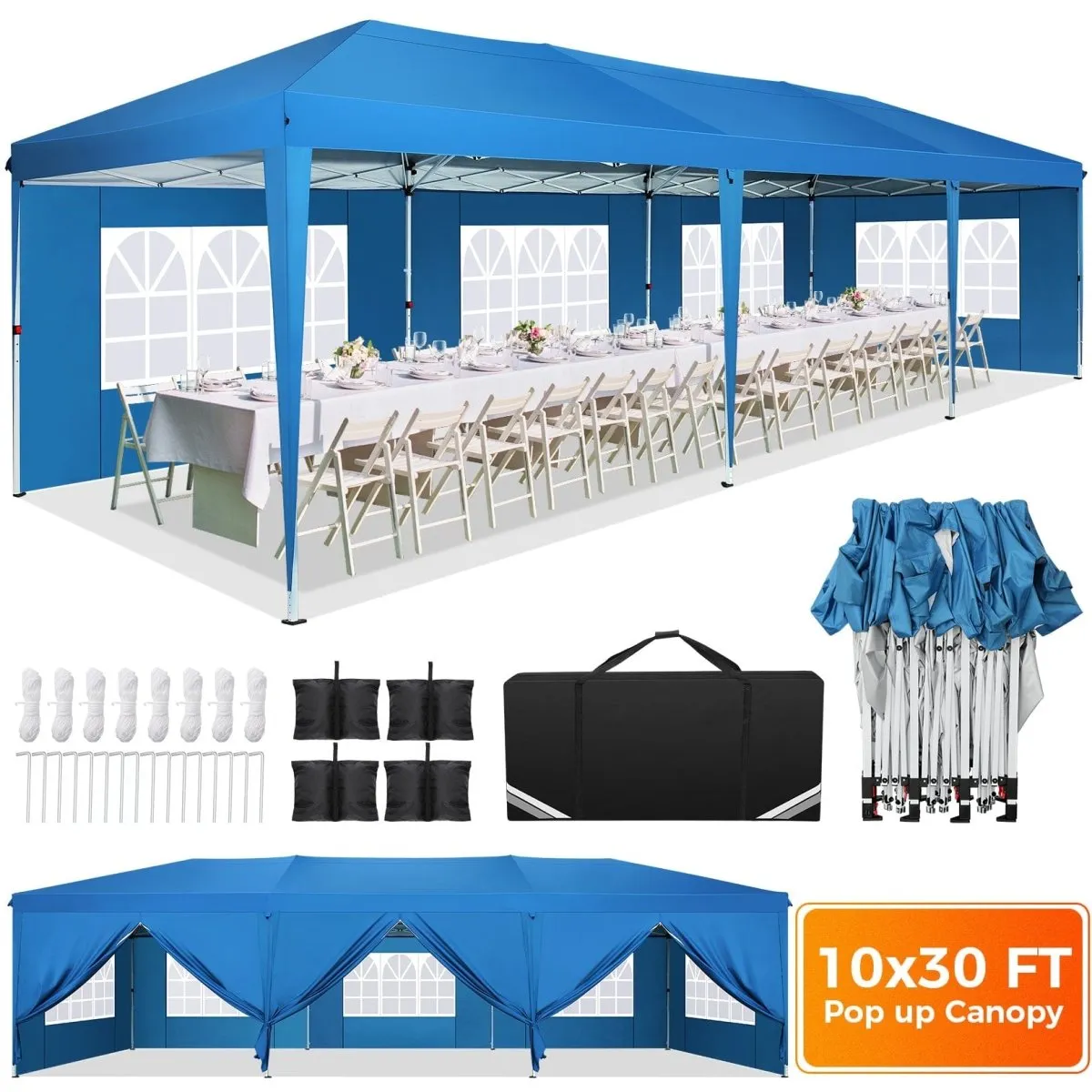 Hoteel 10x30Party Pop Up Canopy Tent, Removable Canopy Tent with 8 Side Walls, Waterproof Commercial Instant Shelter Tent for Weddings, Patio with Tote Bag and 4 Sandbags