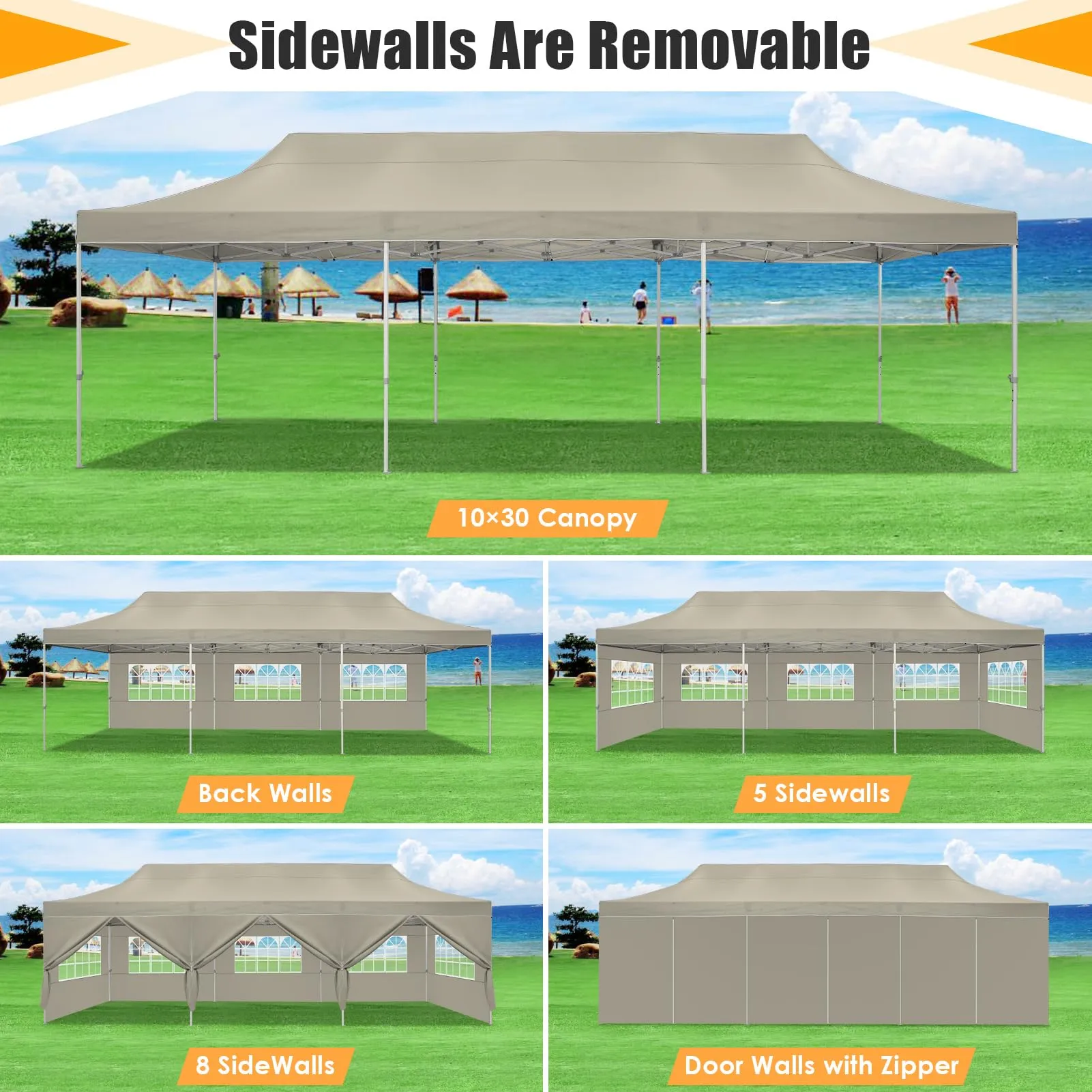 HOTEEL Tents for Parties 10x30 Pop Up Canopy Tent Heavy Duty with 8 Sidewalls, Commercial Party Tent Event Wedding Instant Canopy Waterproof with Carry Bag, UV 50 , Thicked Hexagonal Legs, Khaki