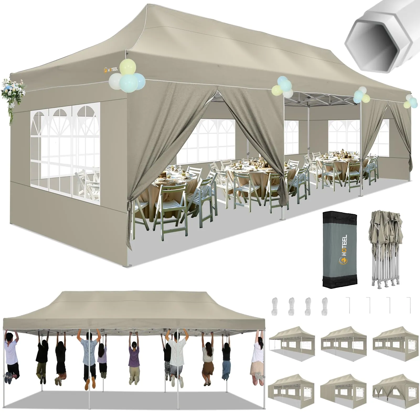 HOTEEL Tents for Parties 10x30 Pop Up Canopy Tent Heavy Duty with 8 Sidewalls, Commercial Party Tent Event Wedding Instant Canopy Waterproof with Carry Bag, UV 50 , Thicked Hexagonal Legs, Khaki