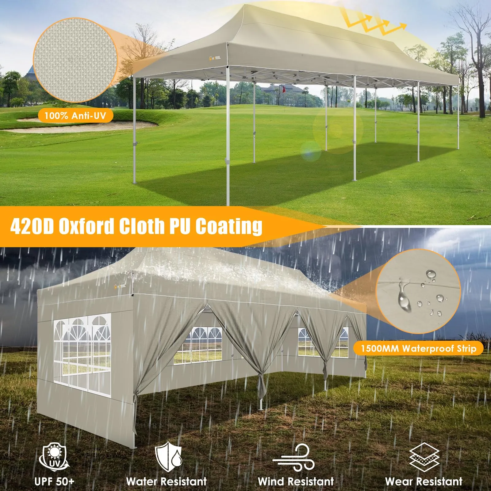 HOTEEL Tents for Parties 10x30 Pop Up Canopy Tent Heavy Duty with 8 Sidewalls, Commercial Party Tent Event Wedding Instant Canopy Waterproof with Carry Bag, UV 50 , Thicked Hexagonal Legs, Khaki