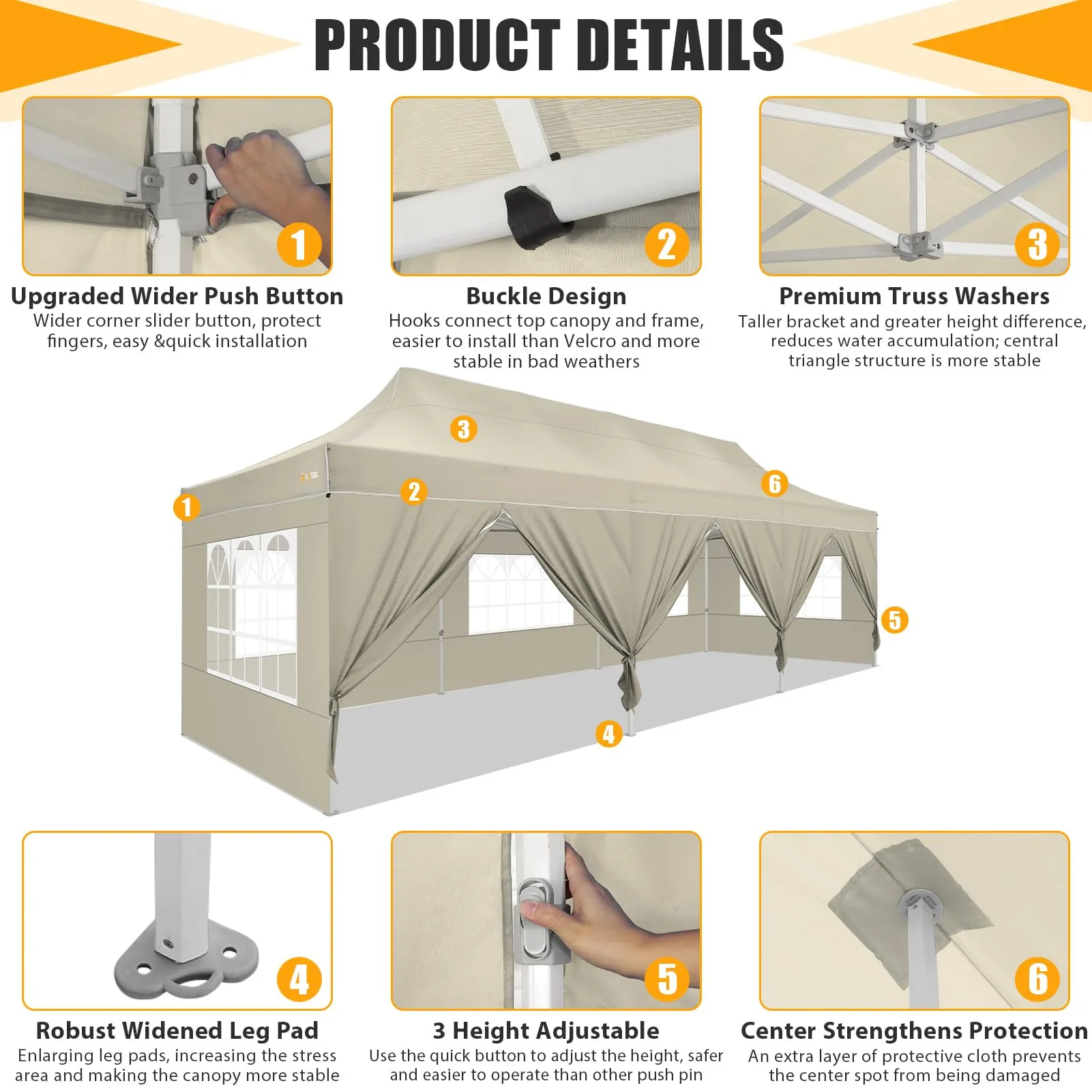 HOTEEL Tents for Parties 10x30 Pop Up Canopy Tent Heavy Duty with 8 Sidewalls, Commercial Party Tent Event Wedding Instant Canopy Waterproof with Carry Bag, UV 50 , Thicked Hexagonal Legs, Khaki