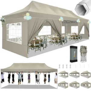 HOTEEL Tents for Parties 10x30 Pop Up Canopy Tent Heavy Duty with 8 Sidewalls, Commercial Party Tent Event Wedding Instant Canopy Waterproof with Carry Bag, UV 50 , Thicked Hexagonal Legs, Khaki