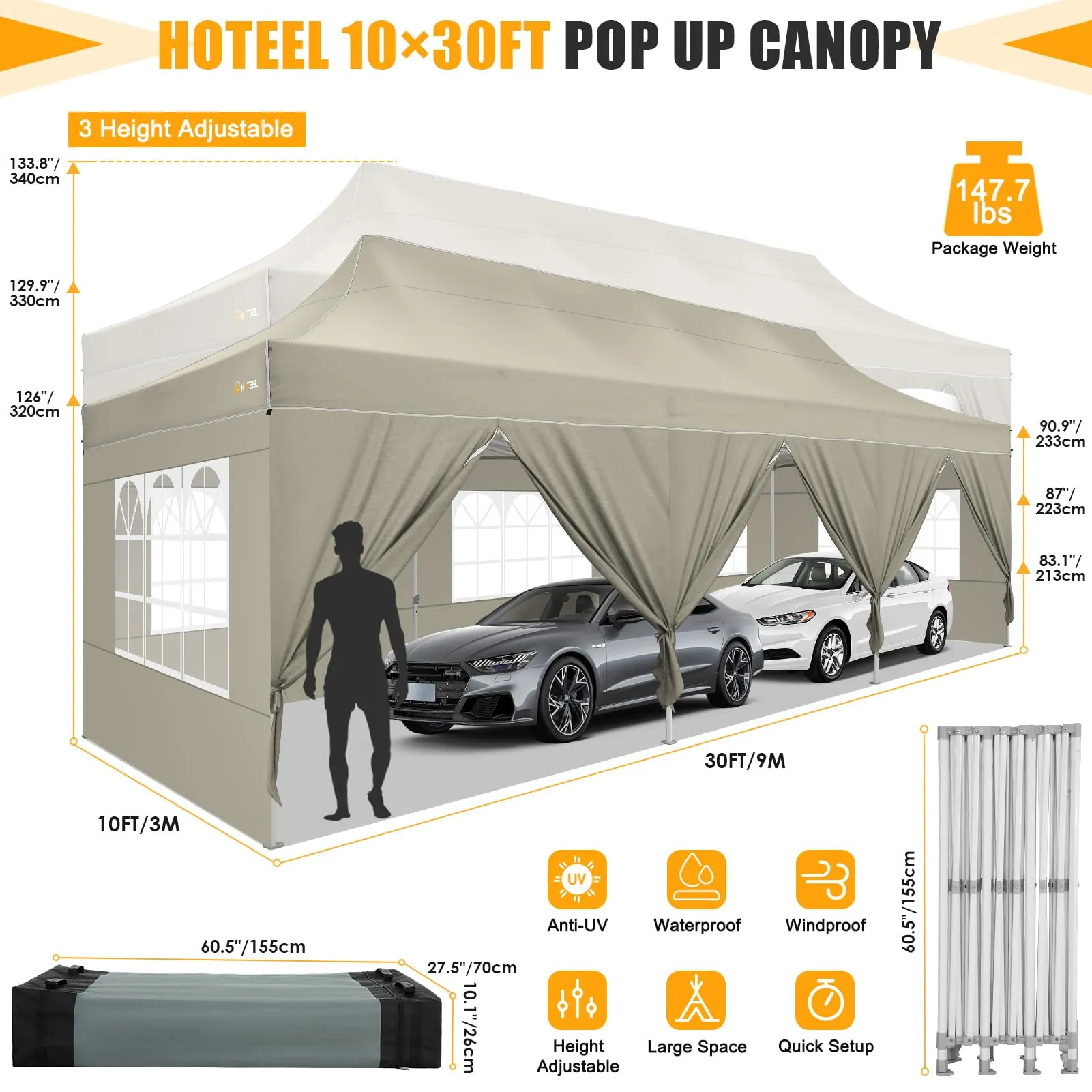 HOTEEL Tents for Parties 10x30 Pop Up Canopy Tent Heavy Duty with 8 Sidewalls, Commercial Party Tent Event Wedding Instant Canopy Waterproof with Carry Bag, UV 50 , Thicked Hexagonal Legs, Khaki
