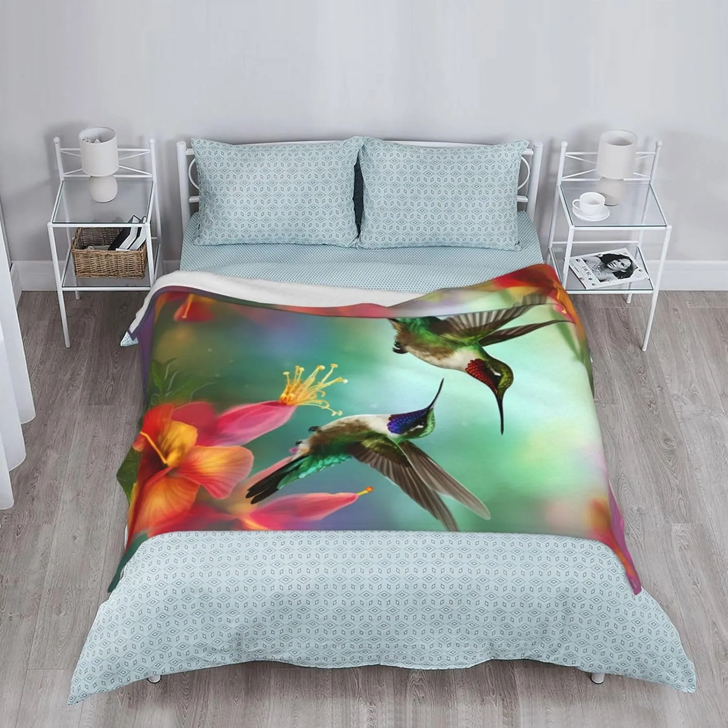 Hummingbirds Flowers Throw Blankets，Floral Soft Fleece Blanket 50"X40" Couch Cover for Bed Sofa Chair Camping Travel