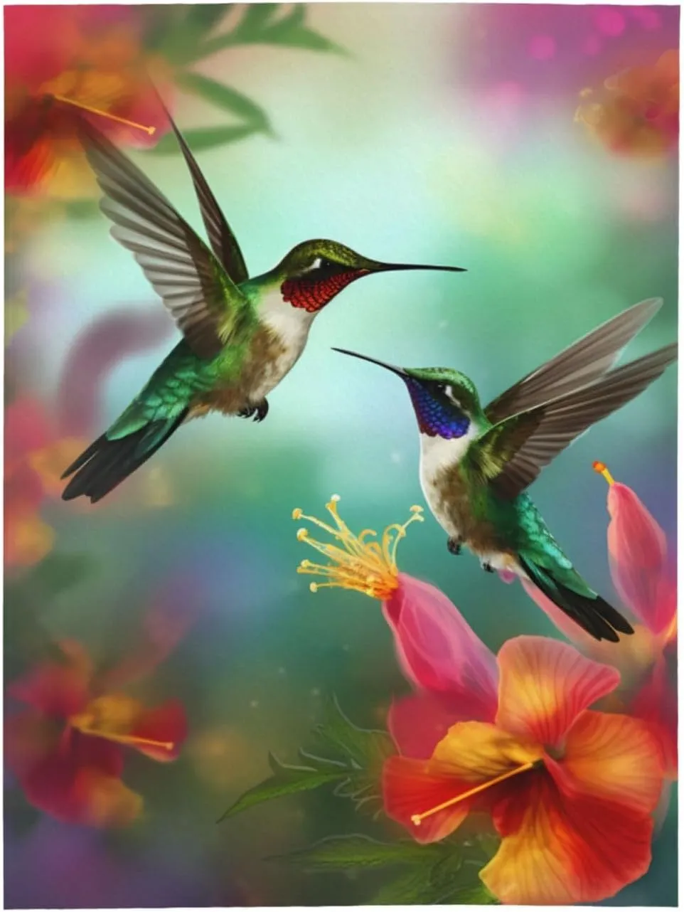 Hummingbirds Flowers Throw Blankets，Floral Soft Fleece Blanket 50"X40" Couch Cover for Bed Sofa Chair Camping Travel