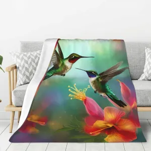 Hummingbirds Flowers Throw Blankets，Floral Soft Fleece Blanket 50"X40" Couch Cover for Bed Sofa Chair Camping Travel