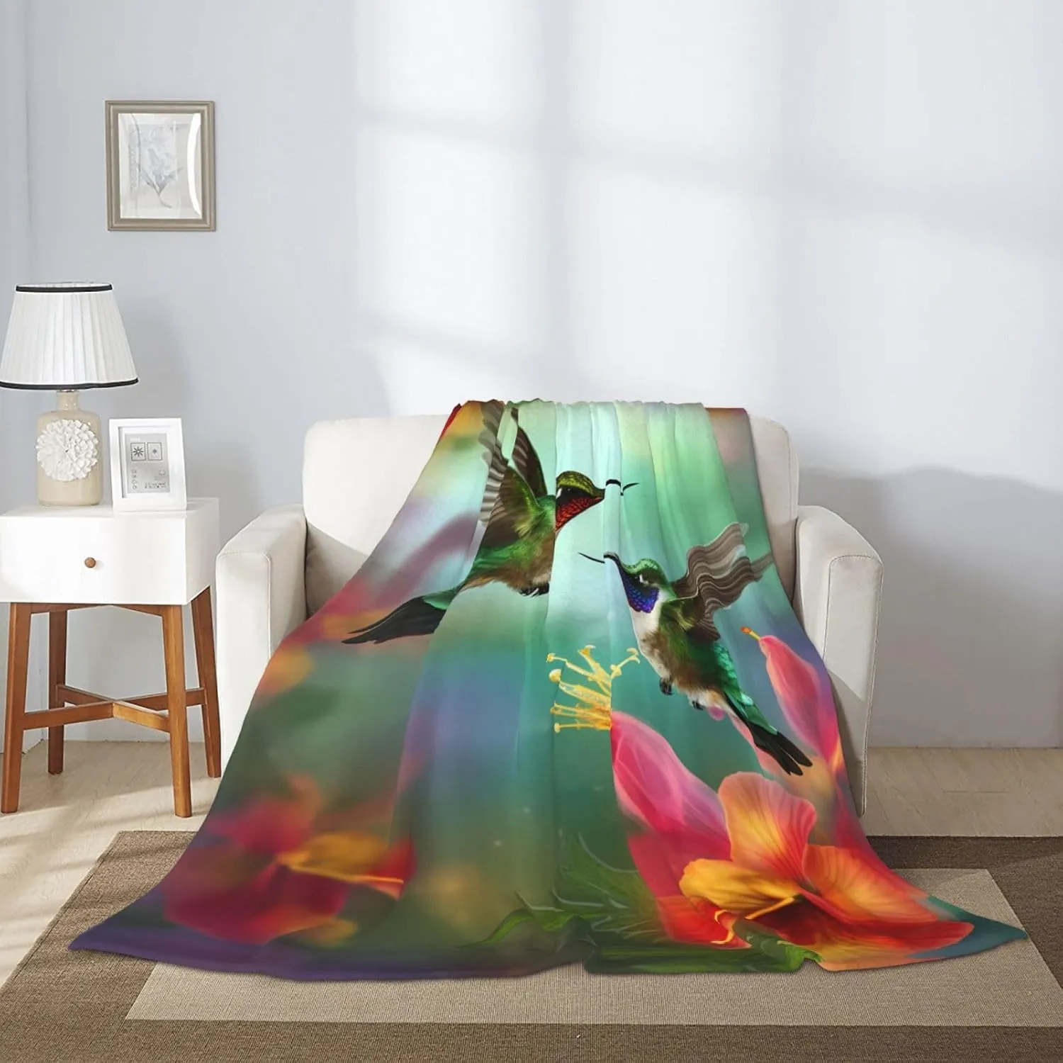Hummingbirds Flowers Throw Blankets，Floral Soft Fleece Blanket 50"X40" Couch Cover for Bed Sofa Chair Camping Travel