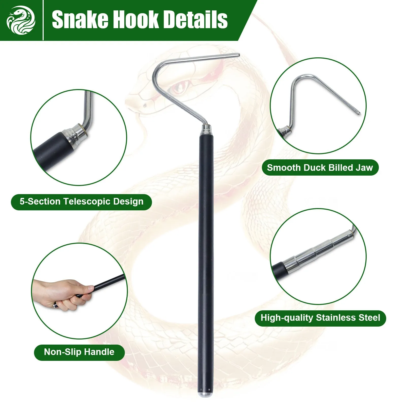 IC ICLOVER Snake Catcher Net   39" Collapsible Snake Hook, Snake Grabber Handling Tool, Reptile Catching Net with Telescopic Pole Stick, Best Tool Set for Moving Pick-Up Rattle Snakes Lizard Reptiles