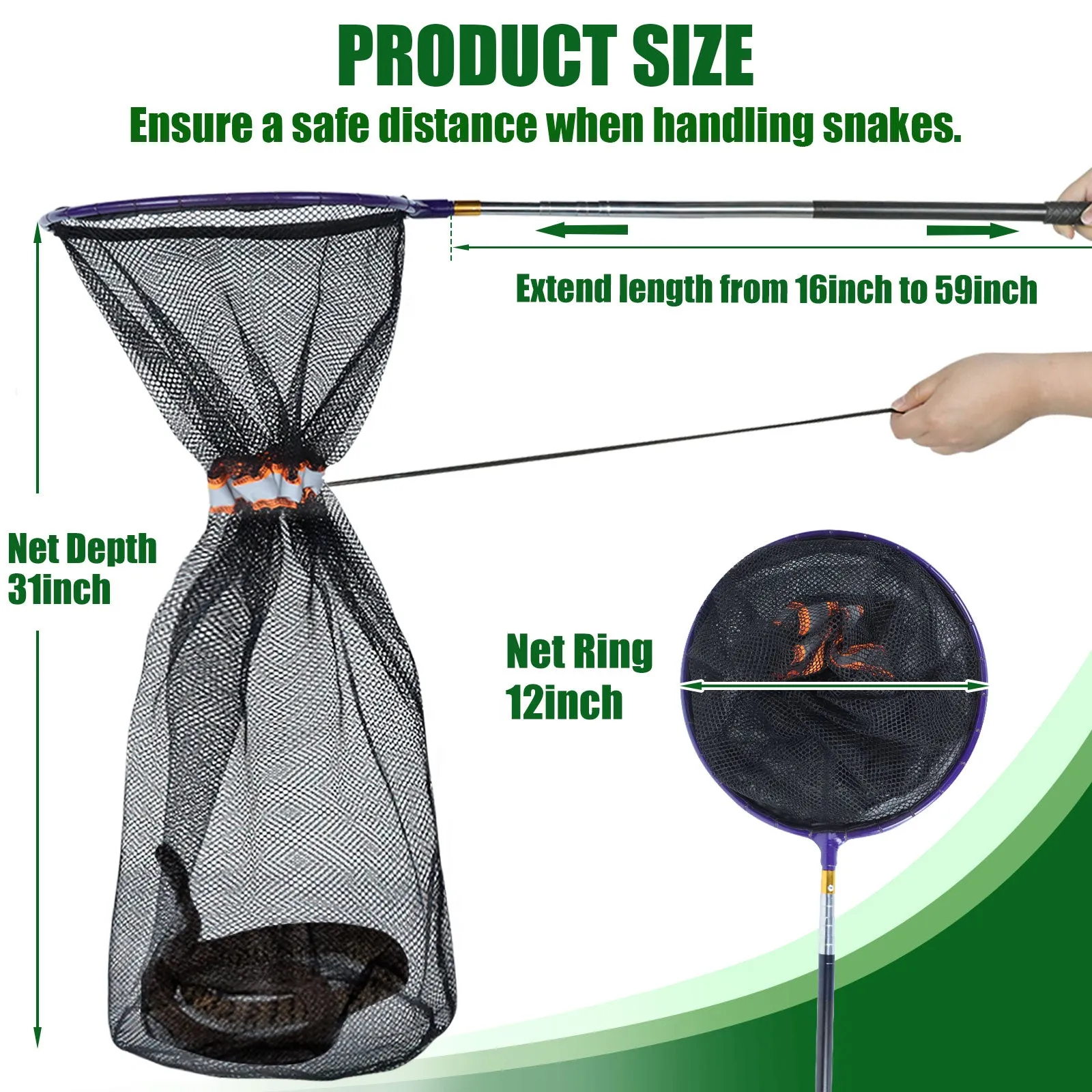 IC ICLOVER Snake Catcher Net   39" Collapsible Snake Hook, Snake Grabber Handling Tool, Reptile Catching Net with Telescopic Pole Stick, Best Tool Set for Moving Pick-Up Rattle Snakes Lizard Reptiles