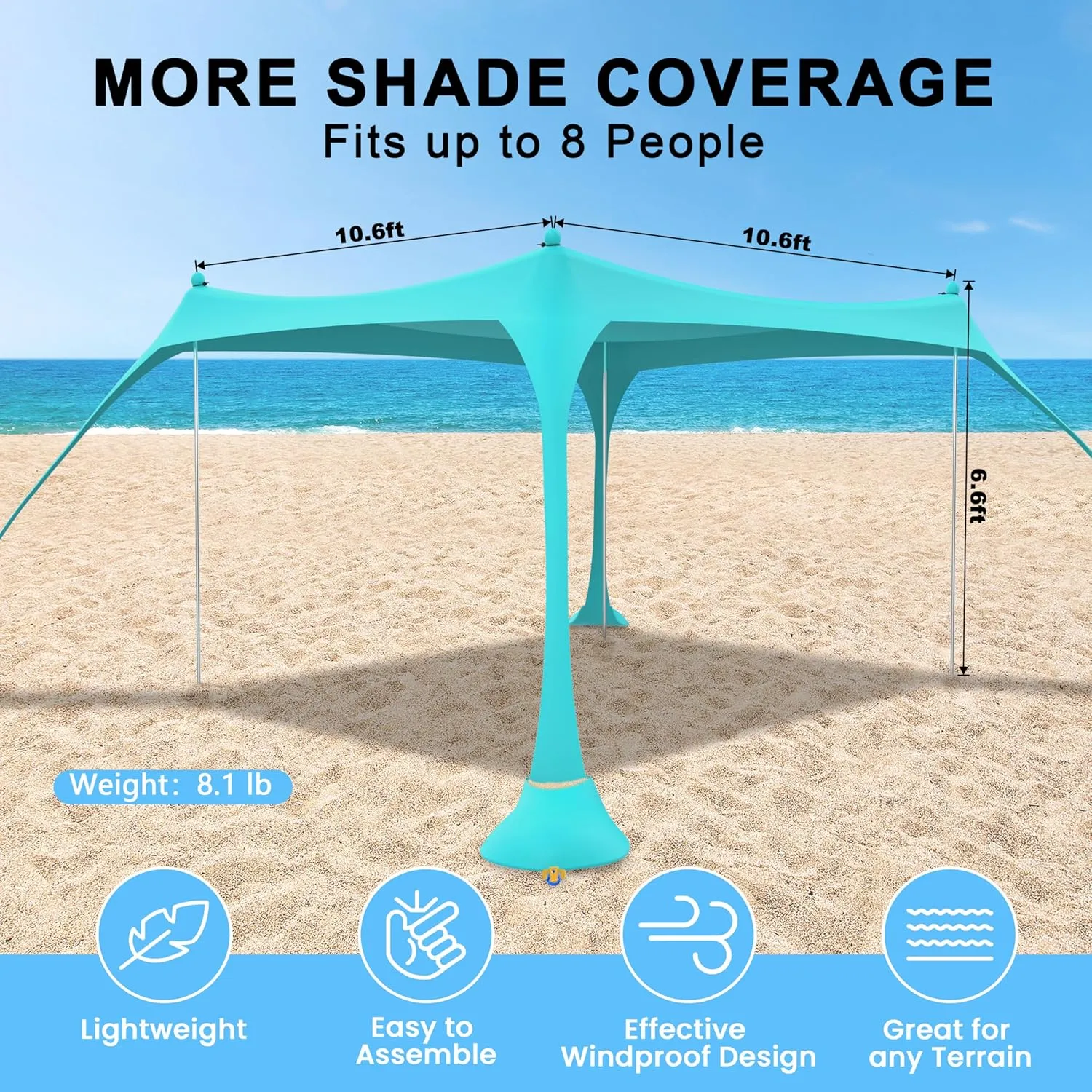 ihuan Beach Tent Sun Shelter 11X11FT UPF50  with 4 Aluminum Foldable Poles, Easy Setup Outdoor Shade Canopy for 8 Person, Cool Cabana for Fishing, Family Trips, Backyard Picnics