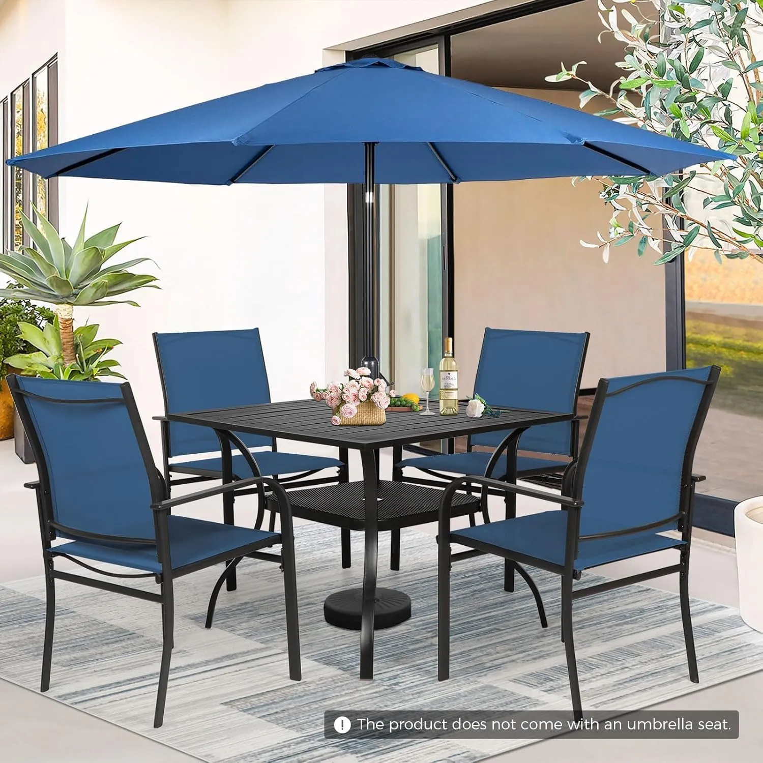Incbruce 6 Pieces Paito Dining Set with Dark Blue Umbrella, Outdoor Metal Dining Set of 4 Textilene Chairs and Rectangle Table with Umbrella Hole for Garden, Porch and Backyard (Blue)