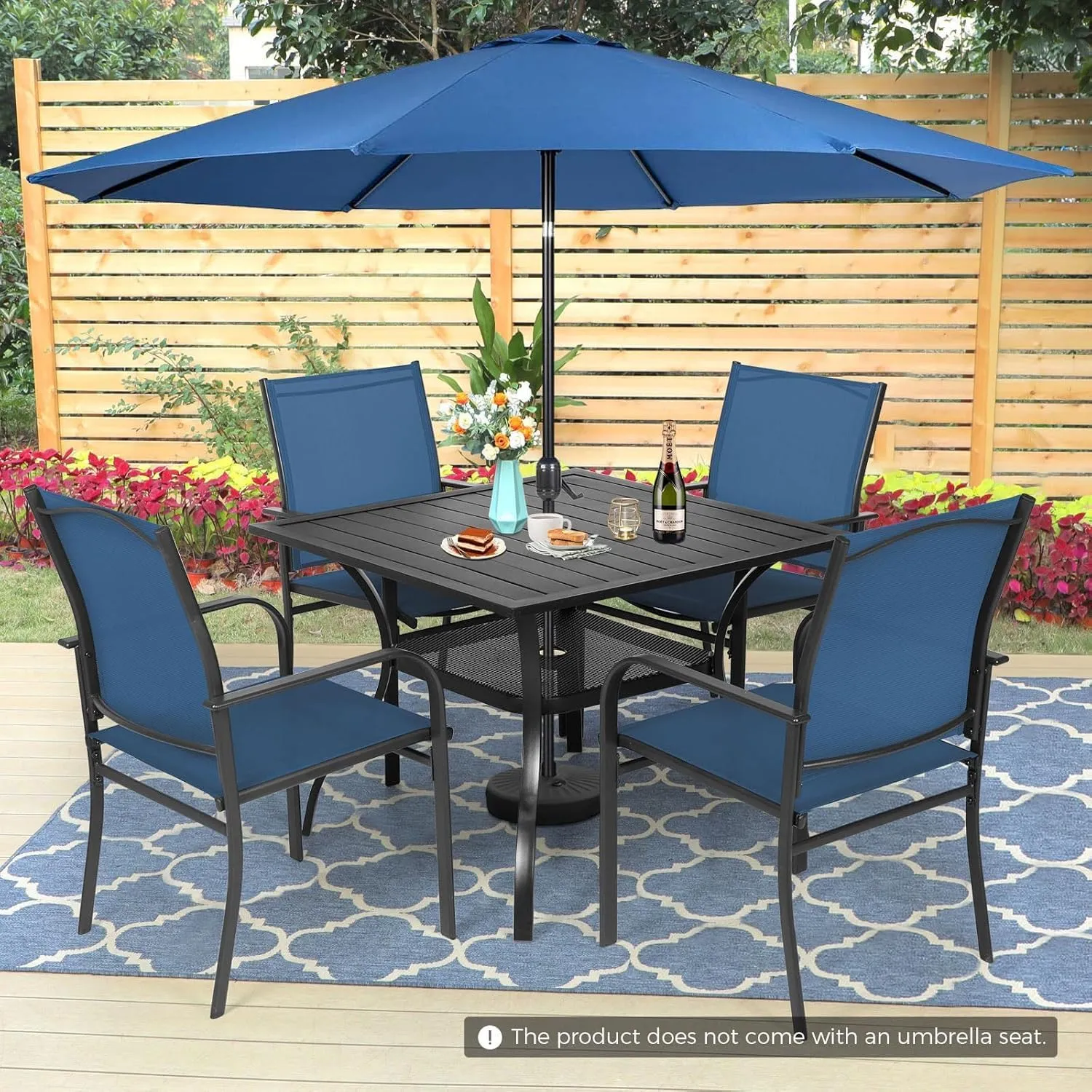 Incbruce 6 Pieces Paito Dining Set with Dark Blue Umbrella, Outdoor Metal Dining Set of 4 Textilene Chairs and Rectangle Table with Umbrella Hole for Garden, Porch and Backyard (Blue)