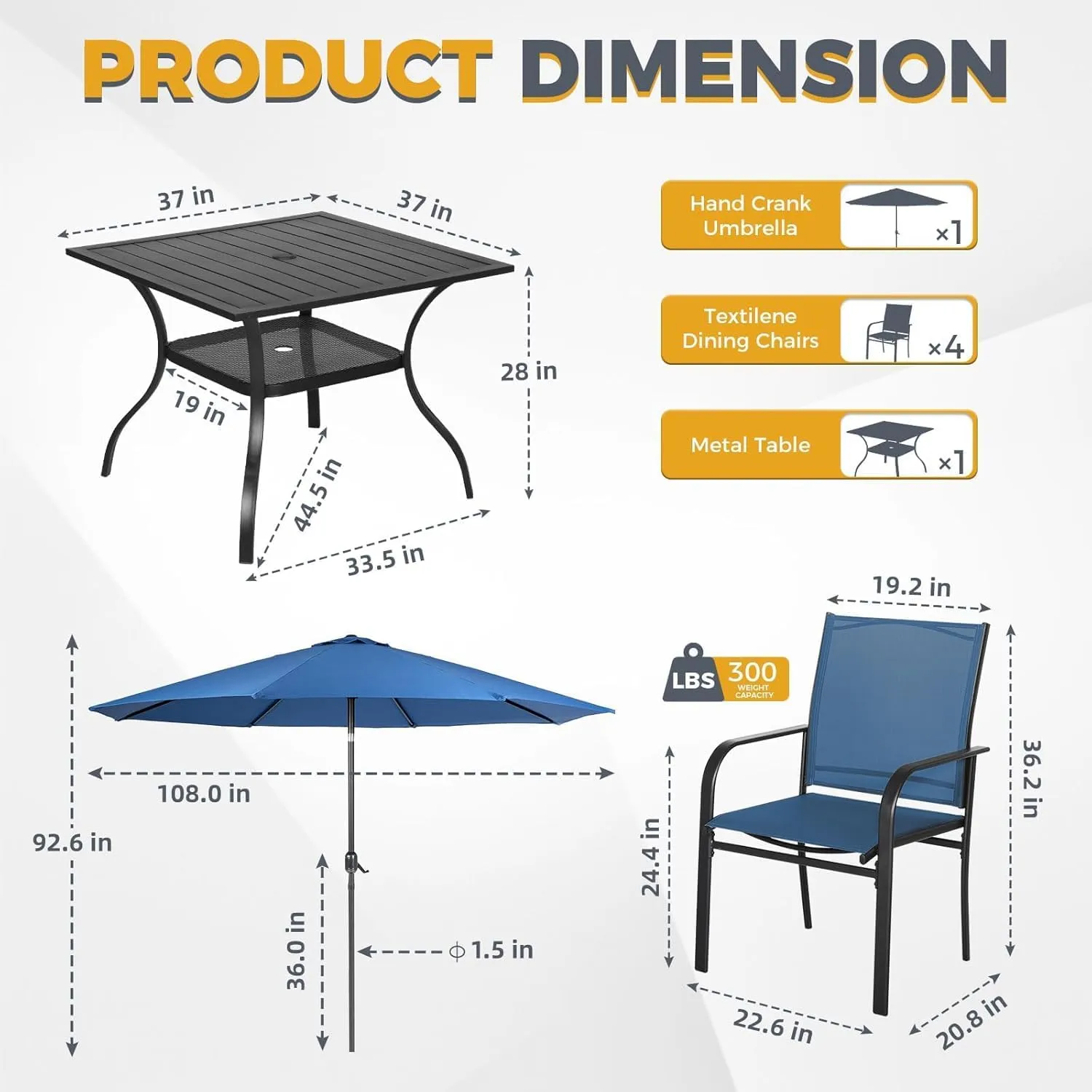 Incbruce 6 Pieces Paito Dining Set with Dark Blue Umbrella, Outdoor Metal Dining Set of 4 Textilene Chairs and Rectangle Table with Umbrella Hole for Garden, Porch and Backyard (Blue)