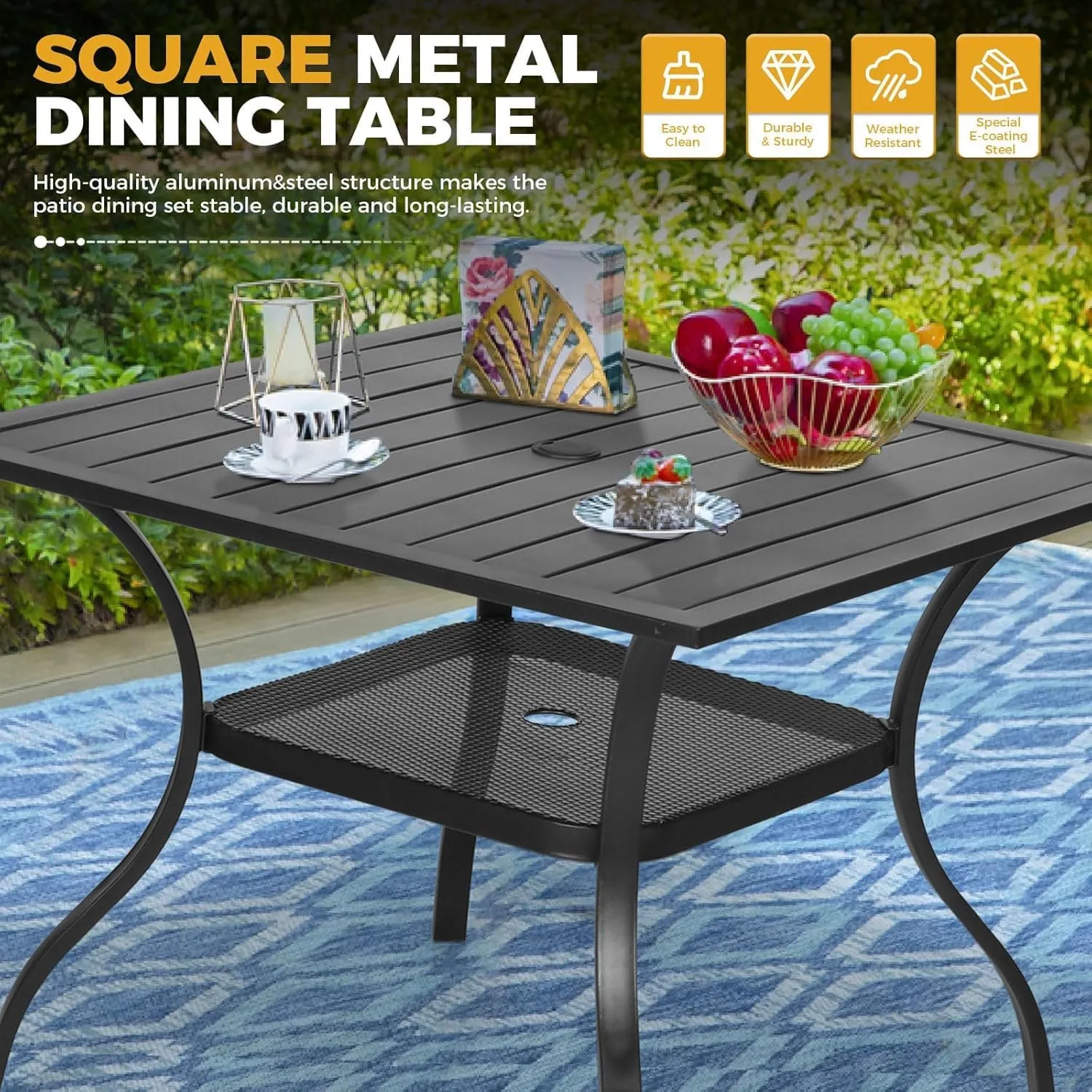Incbruce 6 Pieces Paito Dining Set with Dark Blue Umbrella, Outdoor Metal Dining Set of 4 Textilene Chairs and Rectangle Table with Umbrella Hole for Garden, Porch and Backyard (Blue)