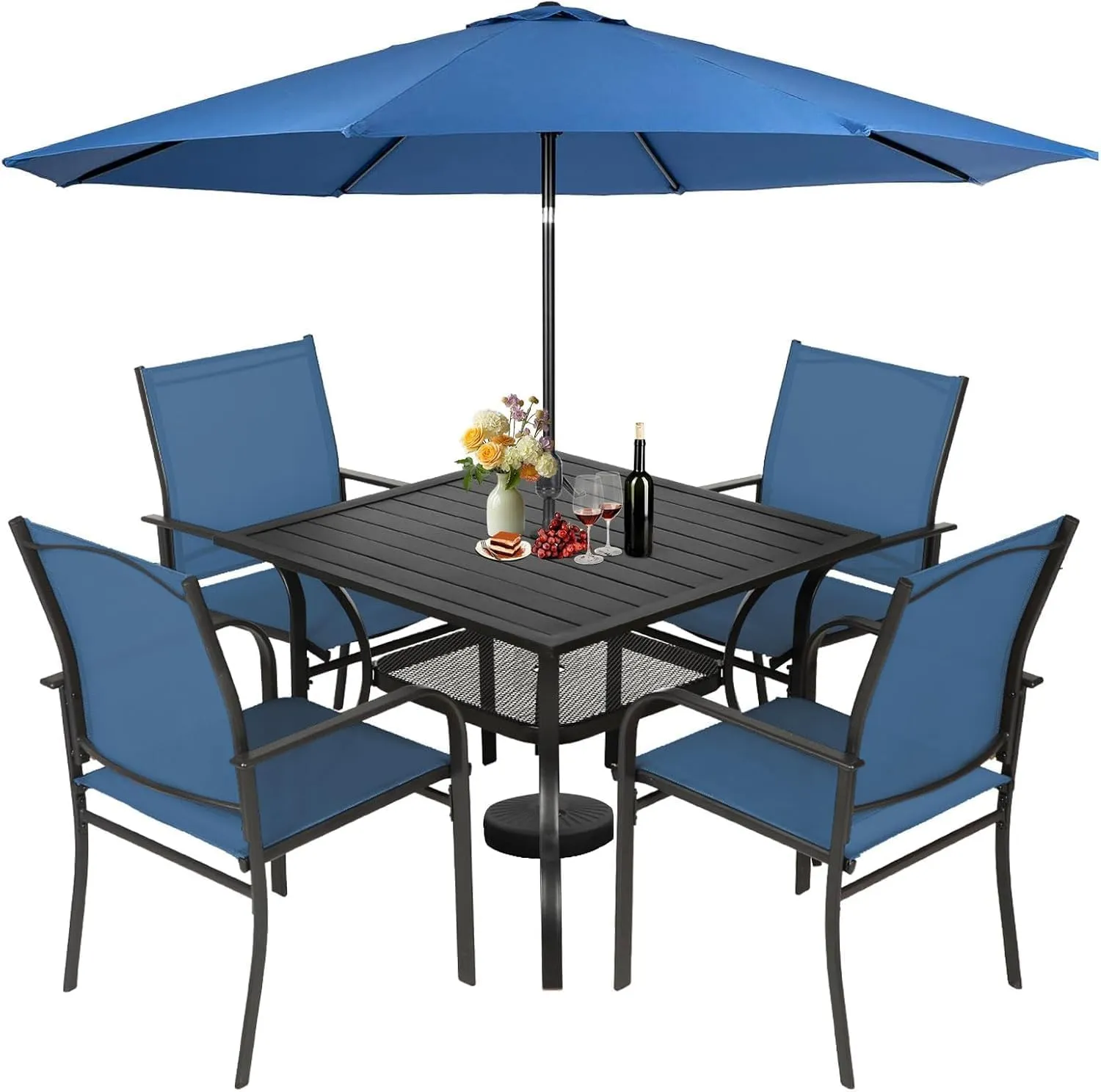 Incbruce 6 Pieces Paito Dining Set with Dark Blue Umbrella, Outdoor Metal Dining Set of 4 Textilene Chairs and Rectangle Table with Umbrella Hole for Garden, Porch and Backyard (Blue)