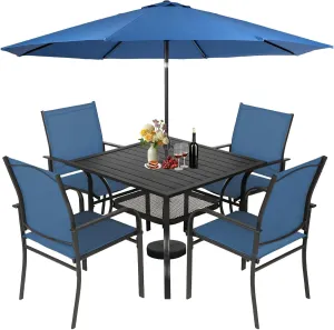 Incbruce 6 Pieces Paito Dining Set with Dark Blue Umbrella, Outdoor Metal Dining Set of 4 Textilene Chairs and Rectangle Table with Umbrella Hole for Garden, Porch and Backyard (Blue)