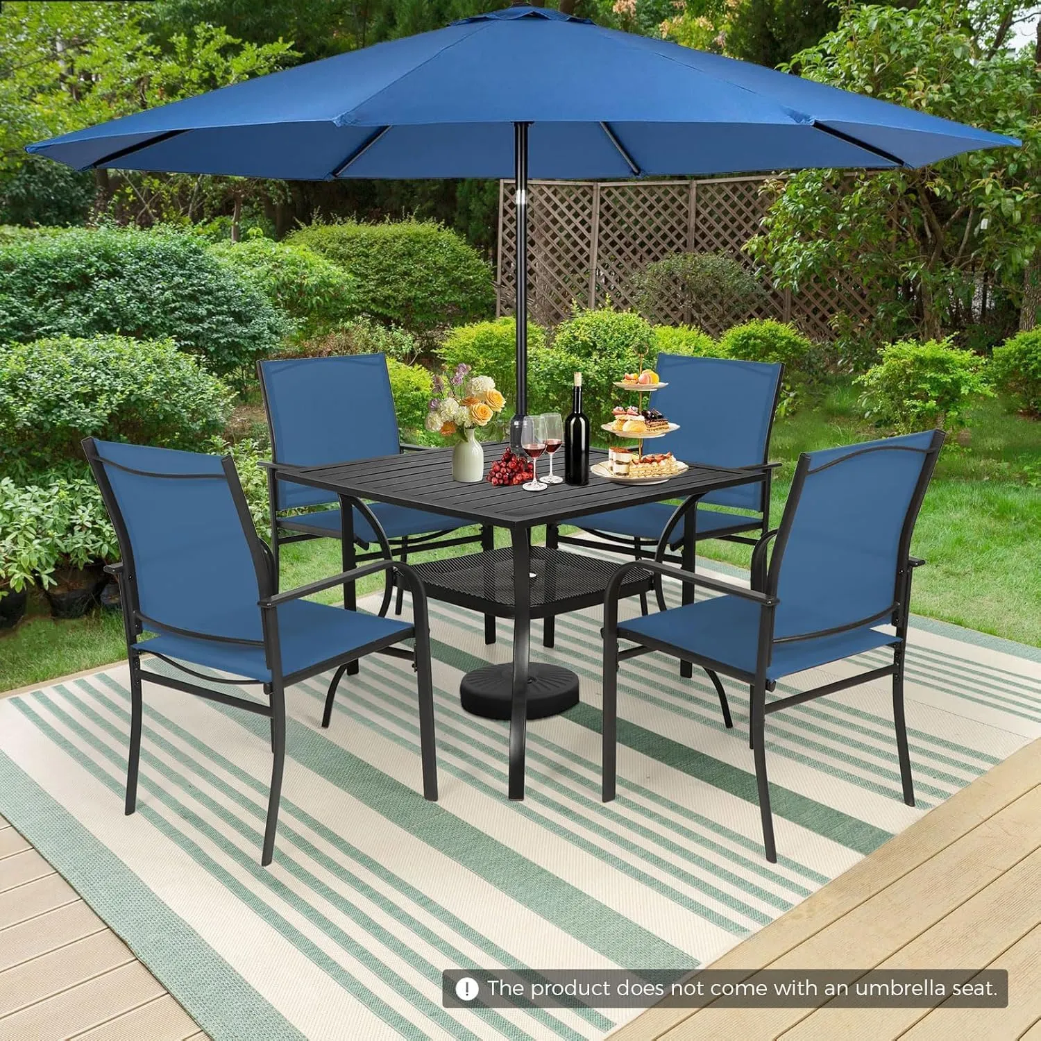 Incbruce 6 Pieces Paito Dining Set with Dark Blue Umbrella, Outdoor Metal Dining Set of 4 Textilene Chairs and Rectangle Table with Umbrella Hole for Garden, Porch and Backyard (Blue)