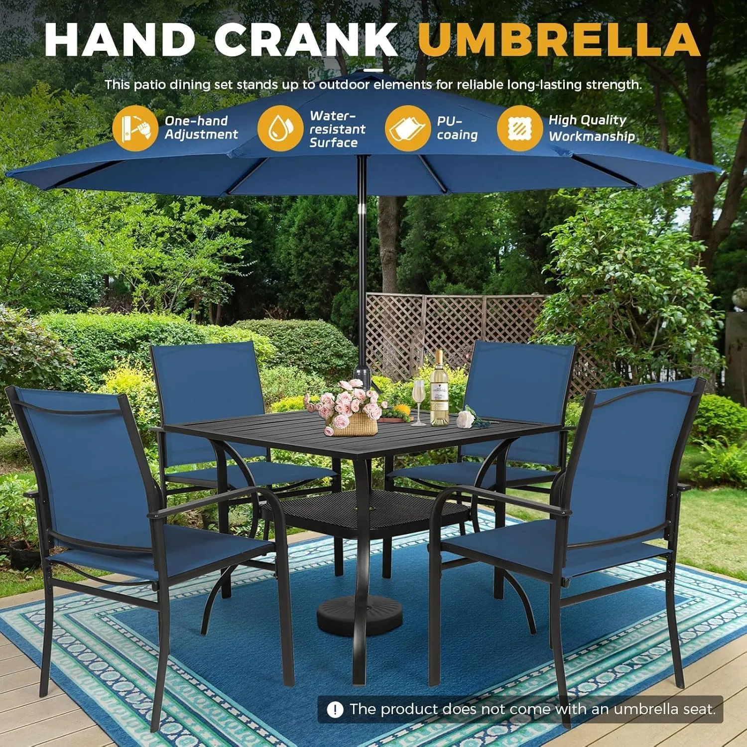 Incbruce 6 Pieces Paito Dining Set with Dark Blue Umbrella, Outdoor Metal Dining Set of 4 Textilene Chairs and Rectangle Table with Umbrella Hole for Garden, Porch and Backyard (Blue)