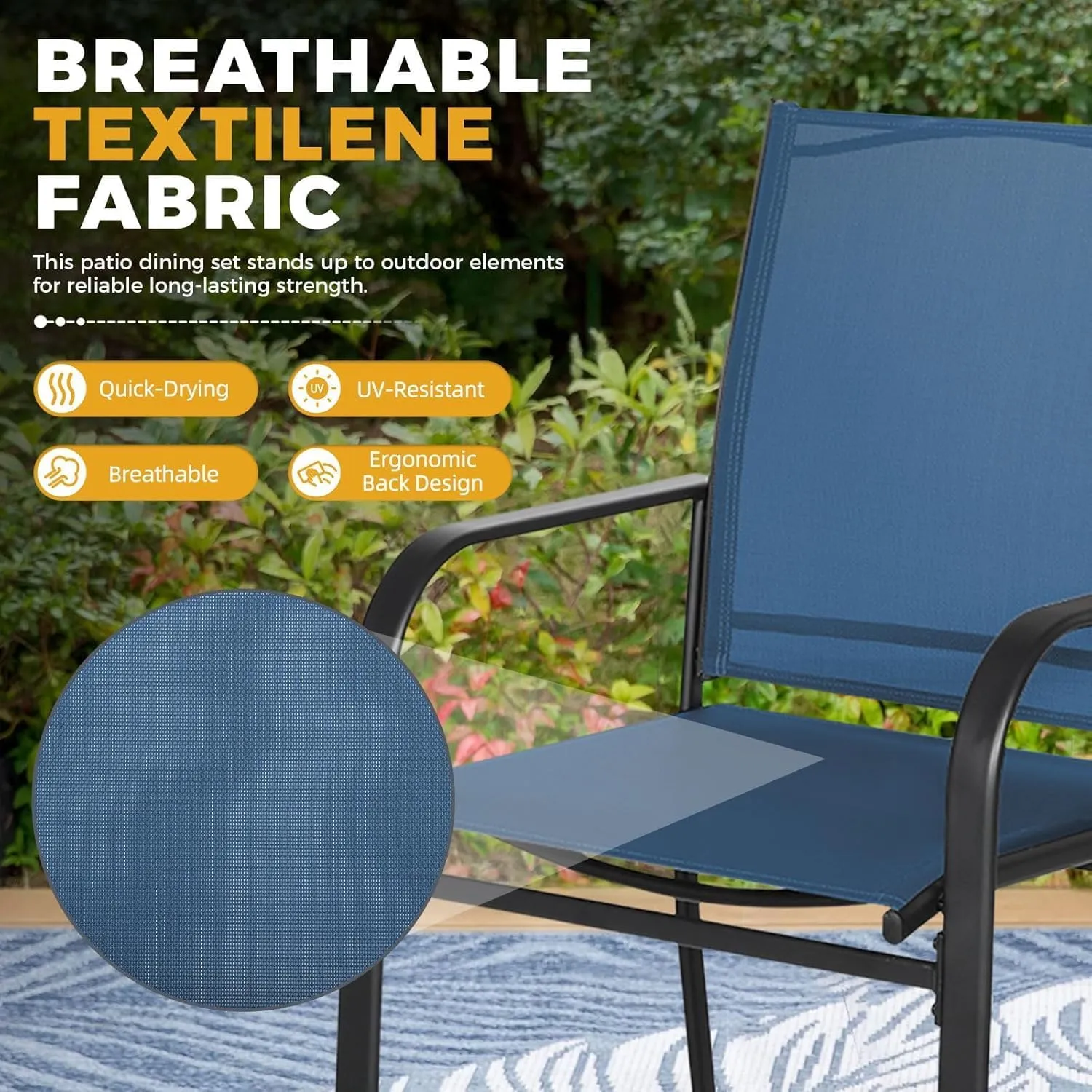 Incbruce 6 Pieces Paito Dining Set with Dark Blue Umbrella, Outdoor Metal Dining Set of 4 Textilene Chairs and Rectangle Table with Umbrella Hole for Garden, Porch and Backyard (Blue)