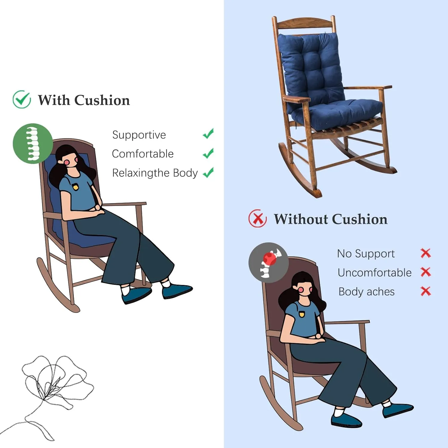 Indoor Outdoor Seat Cushion, 1 Pack Wicker Chair Cushion, Garden Rocking Chair Pad for Patio Garden Grey