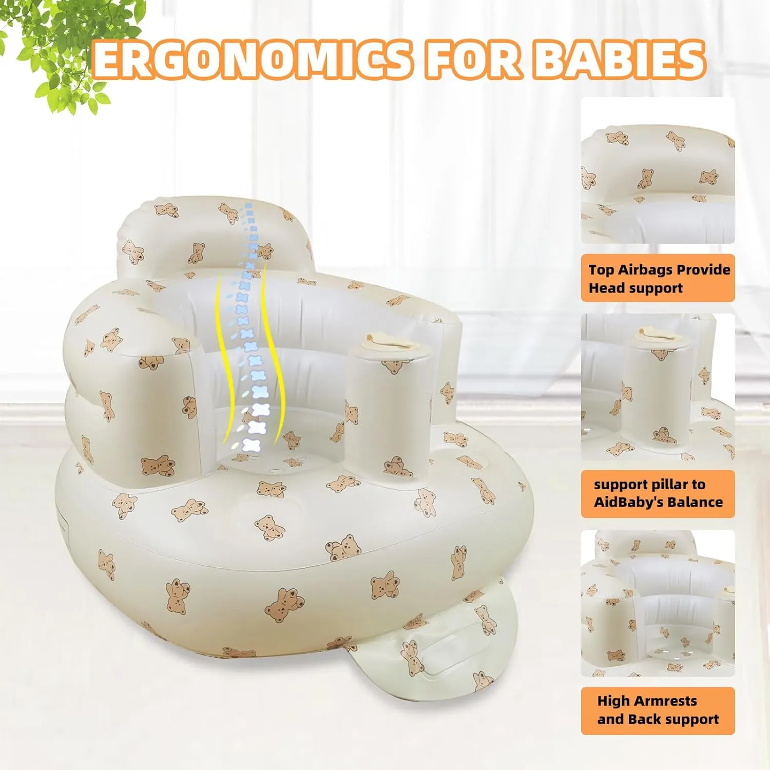 Inflatable Baby Seat for Babies 3-36 Months, Built in Air Pump Baby Chair Sit Me up Floor Seat for Baby, Bumbo Seat for Learning to Sit, Feeding, Camping (Bear Cub)