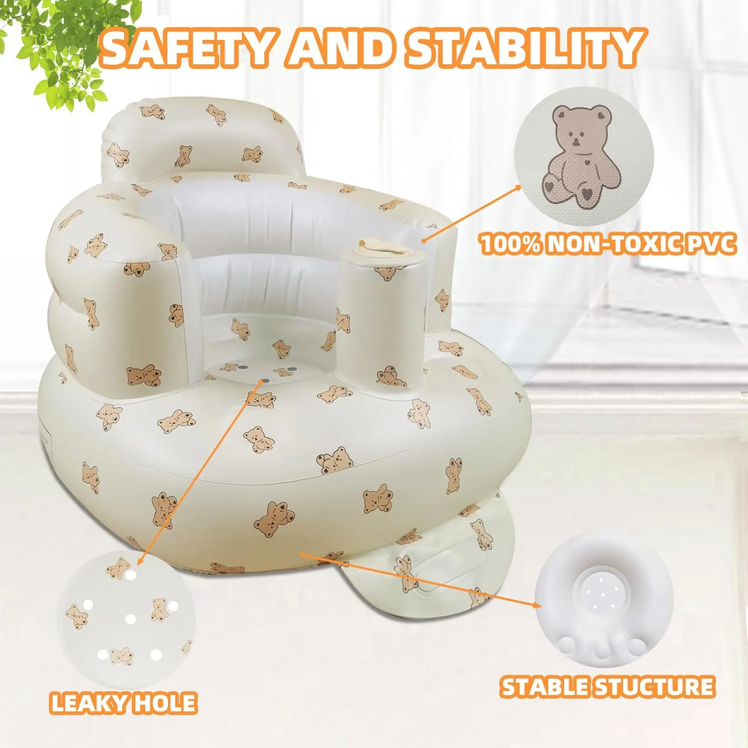 Inflatable Baby Seat for Babies 3-36 Months, Built in Air Pump Baby Chair Sit Me up Floor Seat for Baby, Bumbo Seat for Learning to Sit, Feeding, Camping (Bear Cub)
