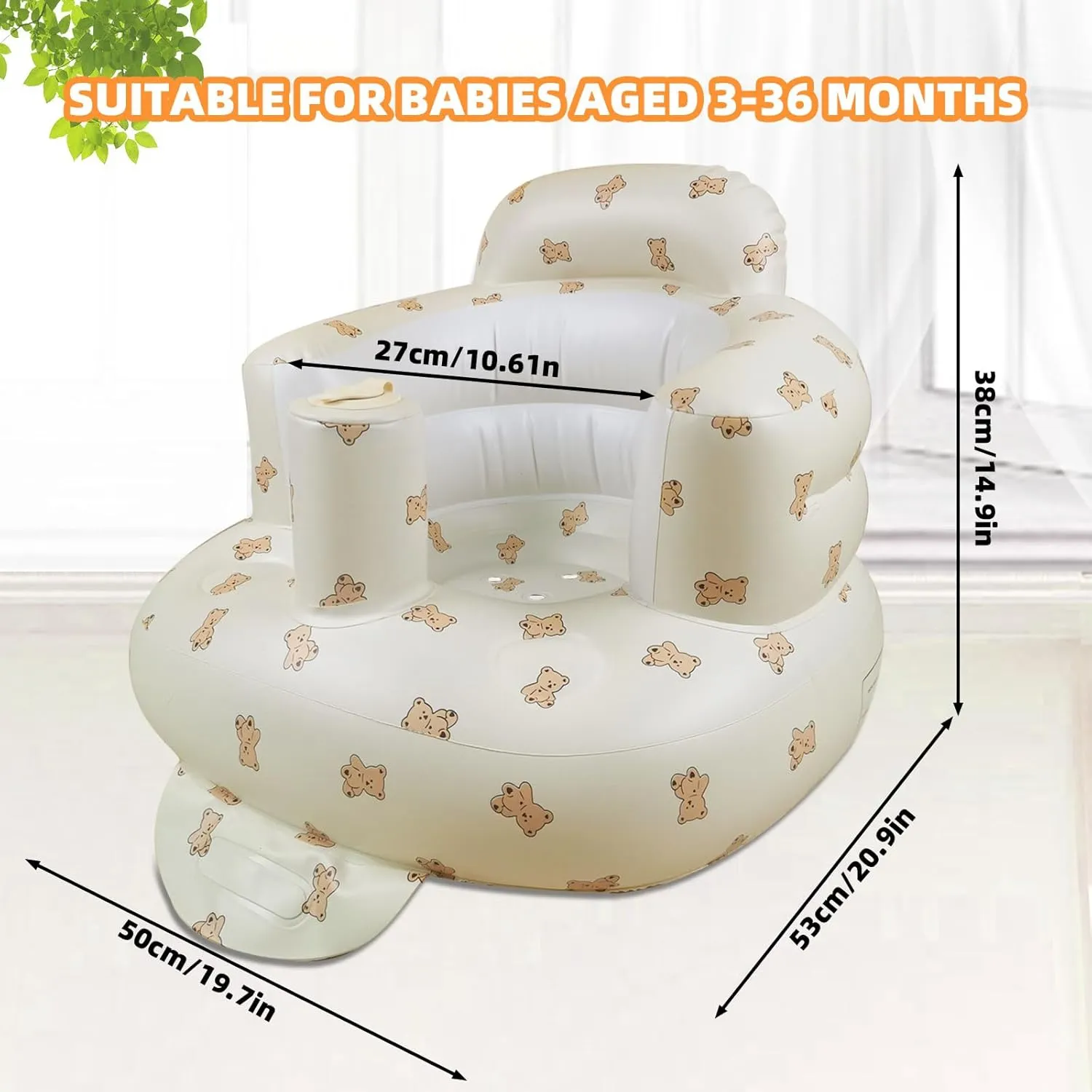 Inflatable Baby Seat for Babies 3-36 Months, Built in Air Pump Baby Chair Sit Me up Floor Seat for Baby, Bumbo Seat for Learning to Sit, Feeding, Camping (Bear Cub)