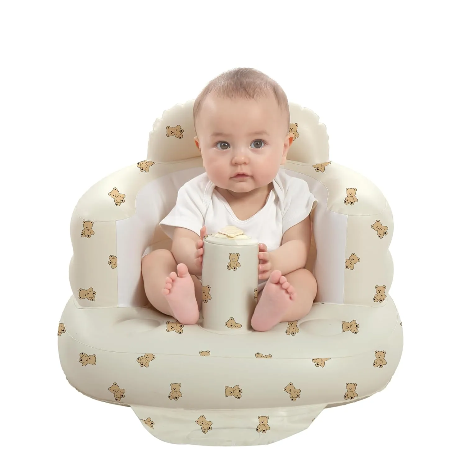 Inflatable Baby Seat for Babies 3-36 Months, Built in Air Pump Baby Chair Sit Me up Floor Seat for Baby, Bumbo Seat for Learning to Sit, Feeding, Camping (Bear Cub)