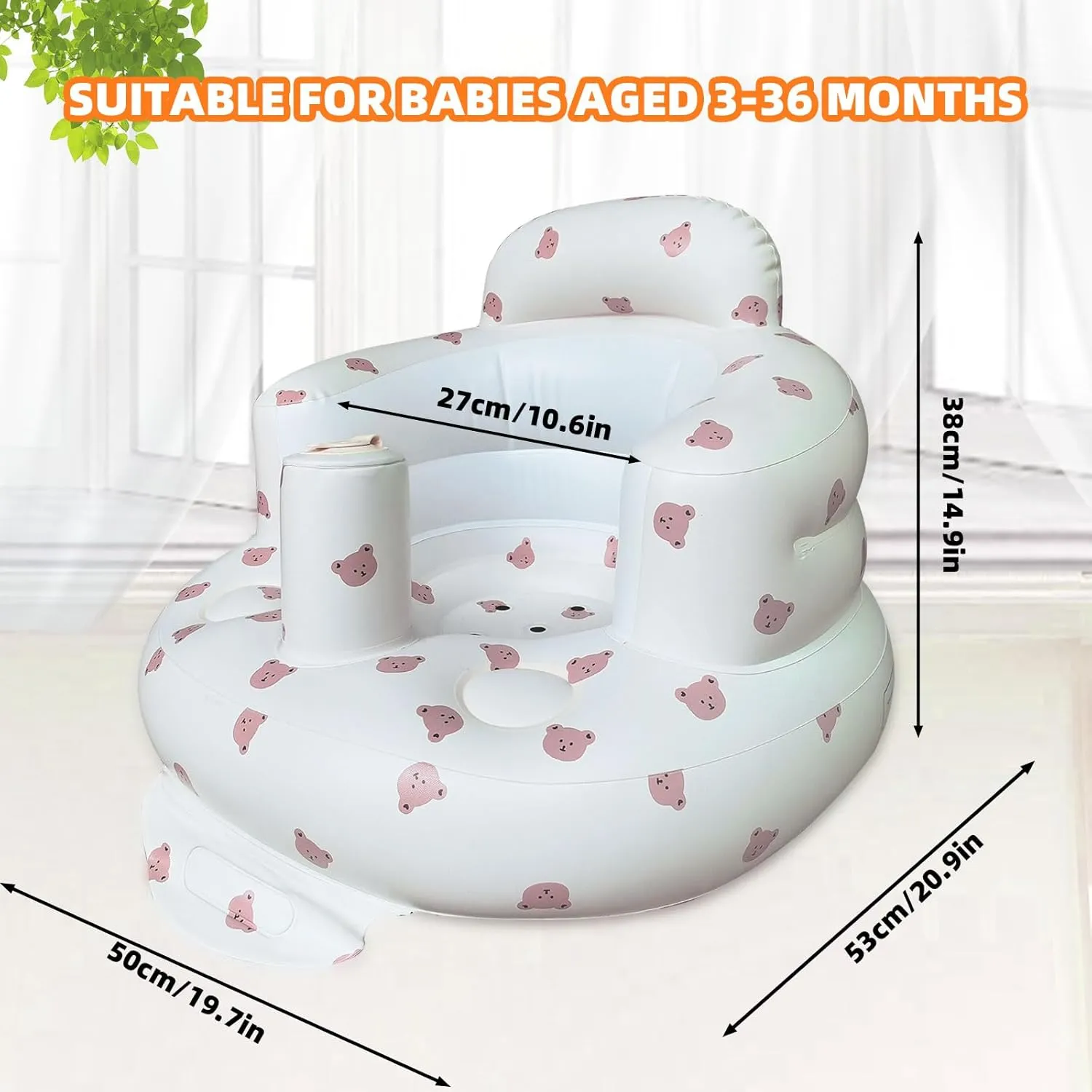 Inflatable Baby Seat for Babies 3-36 Months, Built in Air Pump Baby Chair Sit Me up Floor Seat for Baby, Bumbo Seat for Learning to Sit, Feeding, Camping (Bear)
