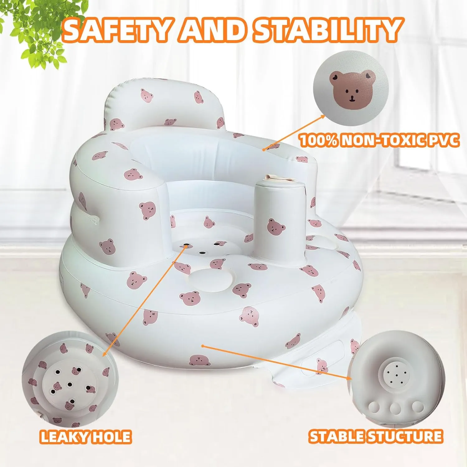 Inflatable Baby Seat for Babies 3-36 Months, Built in Air Pump Baby Chair Sit Me up Floor Seat for Baby, Bumbo Seat for Learning to Sit, Feeding, Camping (Bear)