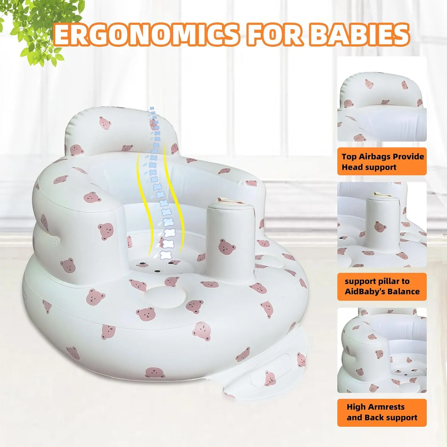 Inflatable Baby Seat for Babies 3-36 Months, Built in Air Pump Baby Chair Sit Me up Floor Seat for Baby, Bumbo Seat for Learning to Sit, Feeding, Camping (Bear)