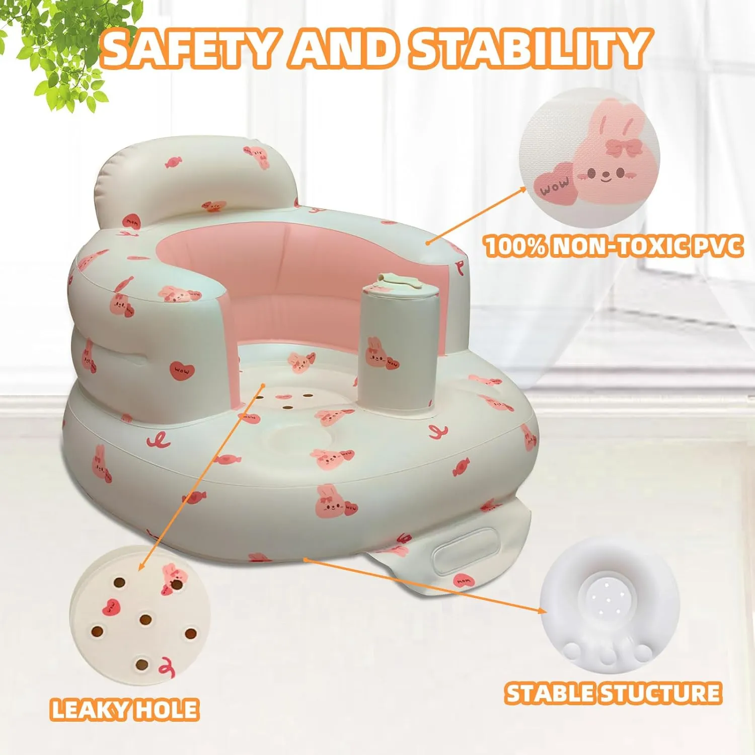 Inflatable Baby Seat for Babies 3-36 Months, Built in Air Pump Baby Chair Sit Me up Floor Seat for Baby, Bumbo Seat for Learning to Sit, Feeding, Camping (Love Bunny)