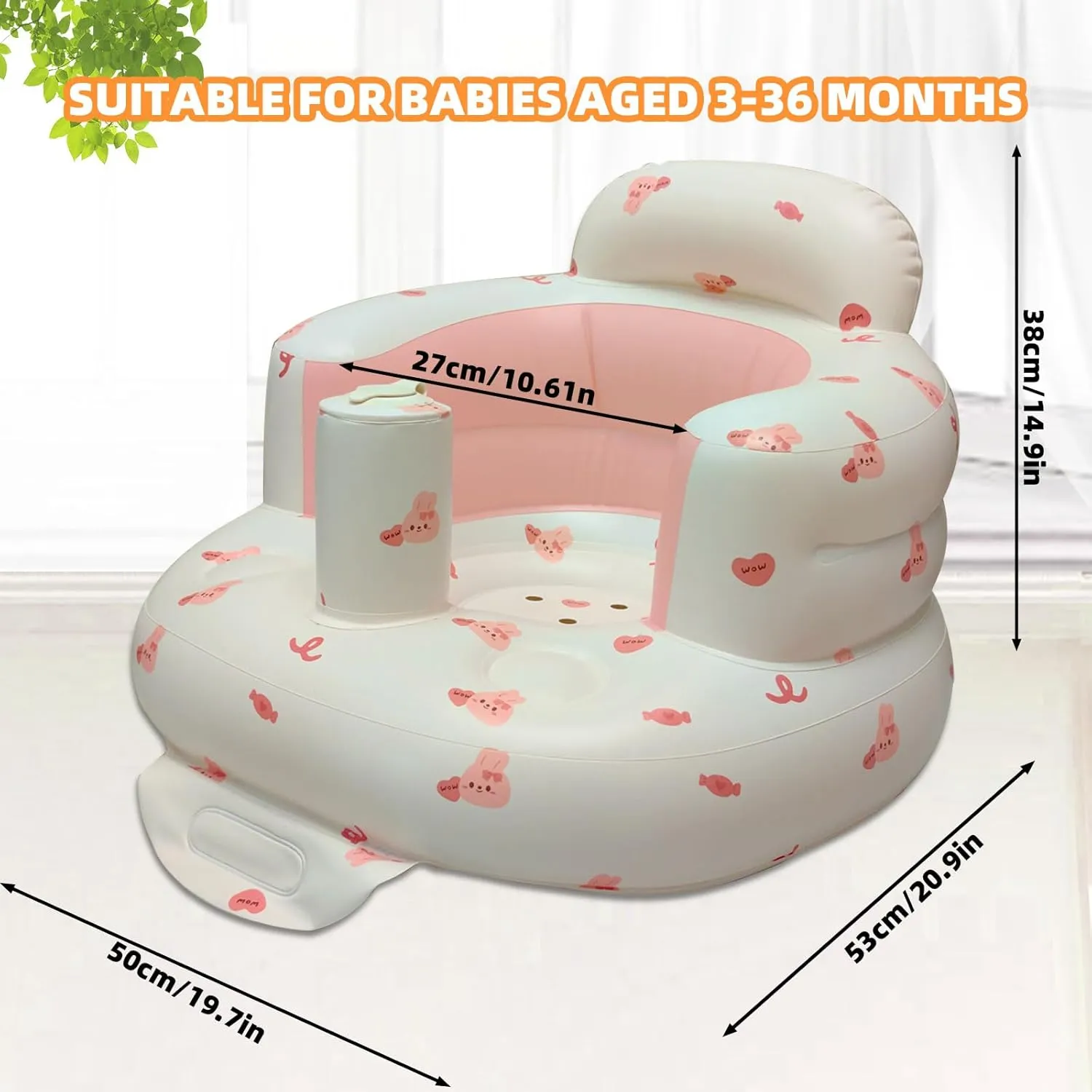 Inflatable Baby Seat for Babies 3-36 Months, Built in Air Pump Baby Chair Sit Me up Floor Seat for Baby, Bumbo Seat for Learning to Sit, Feeding, Camping (Love Bunny)