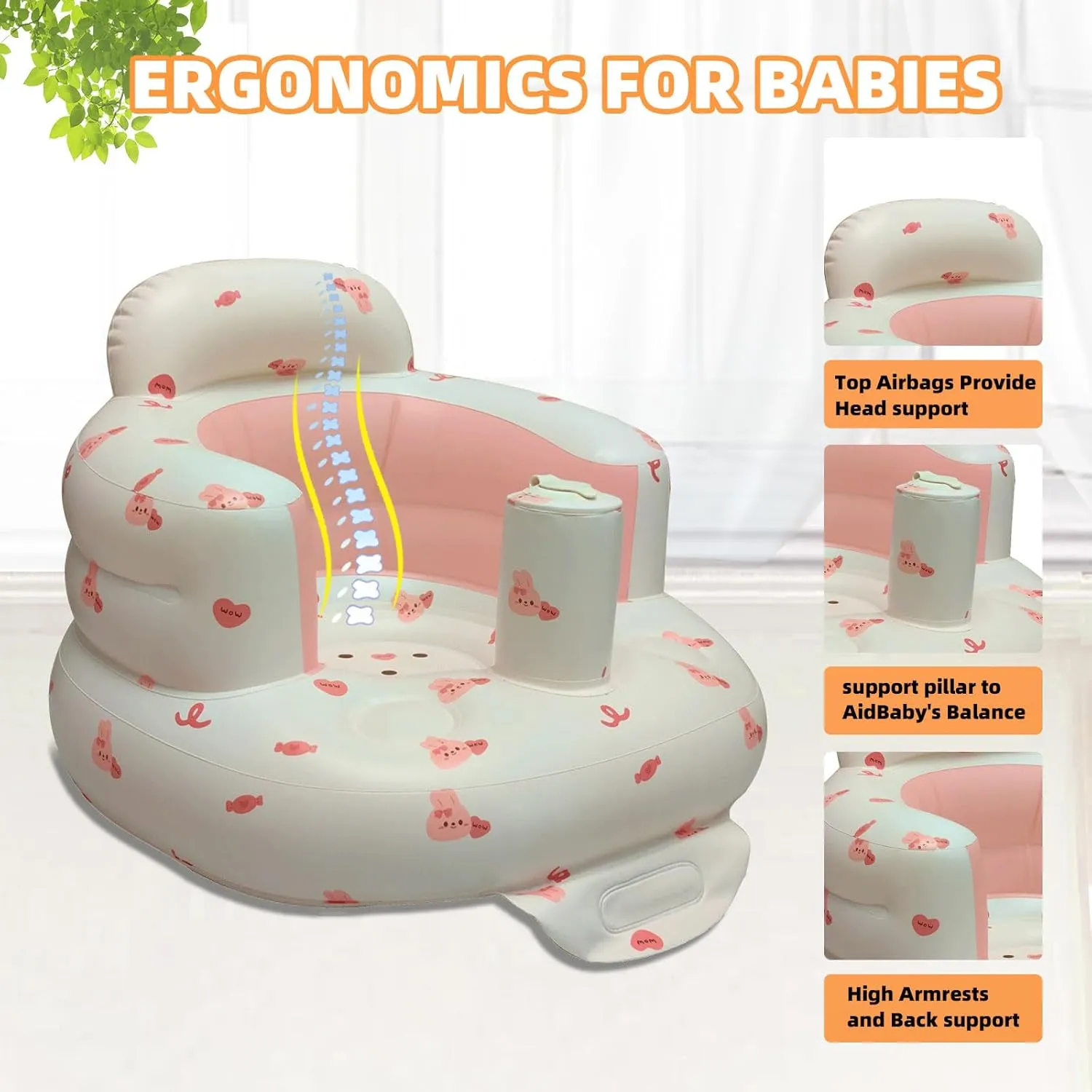 Inflatable Baby Seat for Babies 3-36 Months, Built in Air Pump Baby Chair Sit Me up Floor Seat for Baby, Bumbo Seat for Learning to Sit, Feeding, Camping (Love Bunny)