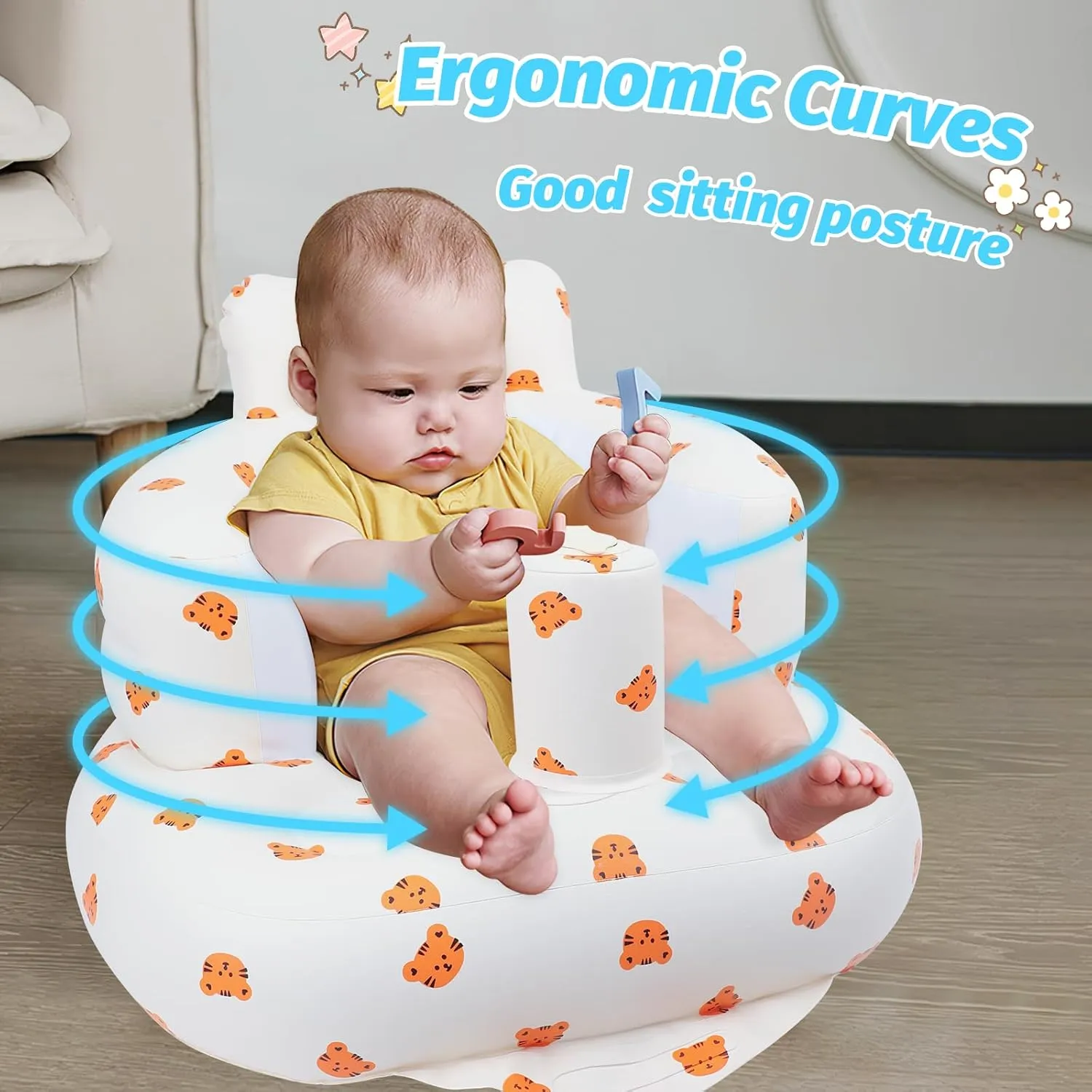 Inflatable Baby Seat for Babies 3 Months and Up, Toddler Floor Seats for Sitting Up, Built in Air Pump Baby Seats for Kids, Blow Up Baby Chair with Back Support - Tiger