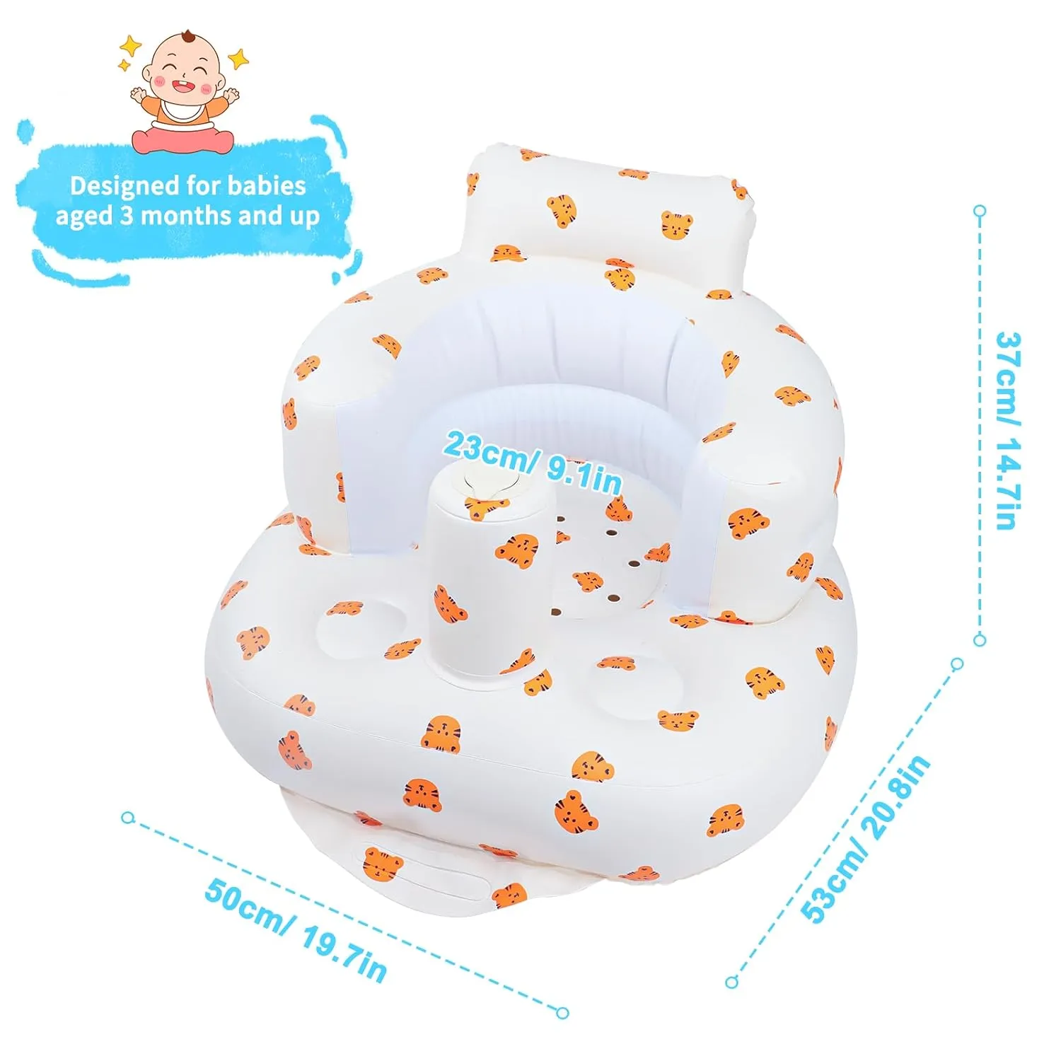 Inflatable Baby Seat for Babies 3 Months and Up, Toddler Floor Seats for Sitting Up, Built in Air Pump Baby Seats for Kids, Blow Up Baby Chair with Back Support - Tiger
