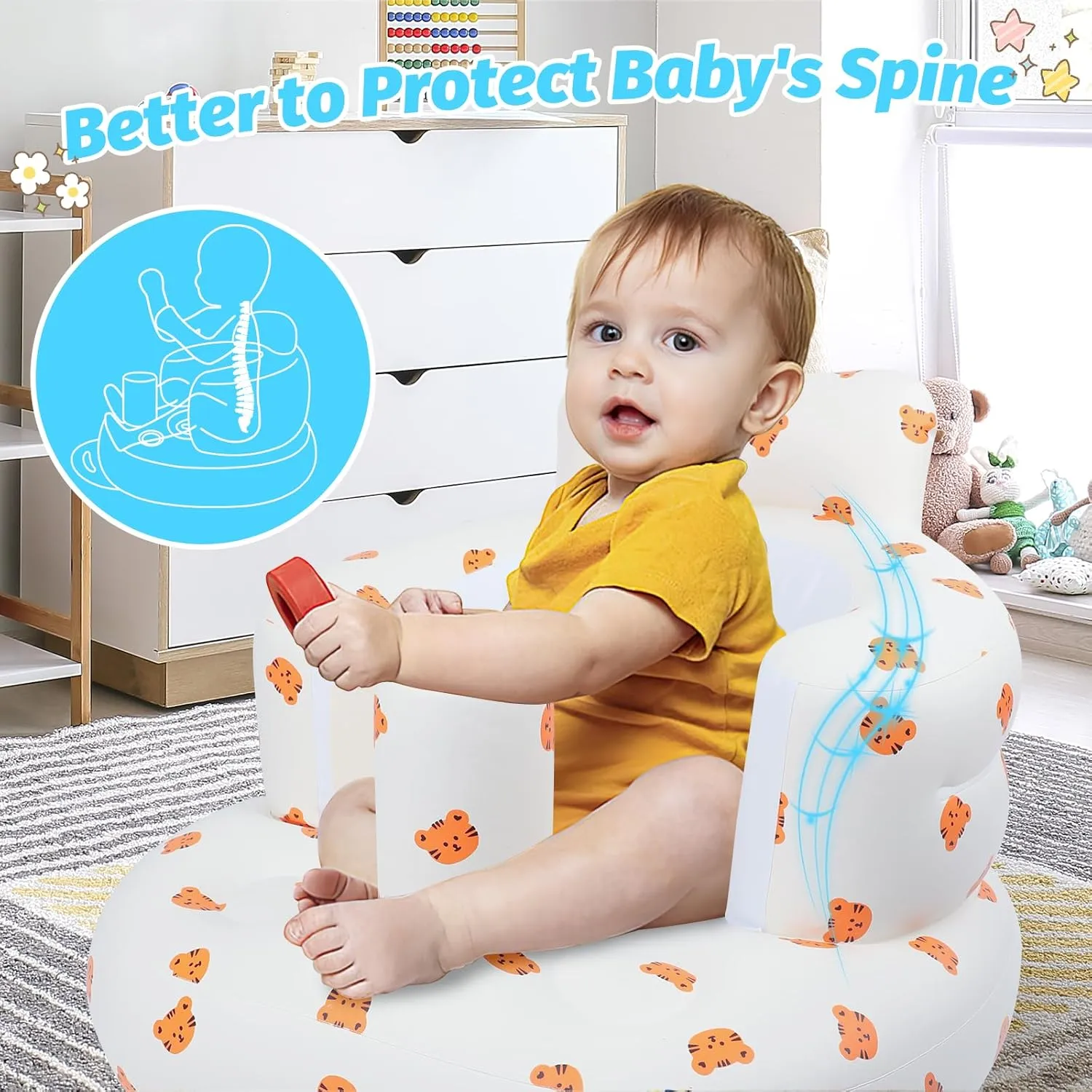 Inflatable Baby Seat for Babies 3 Months and Up, Toddler Floor Seats for Sitting Up, Built in Air Pump Baby Seats for Kids, Blow Up Baby Chair with Back Support - Tiger
