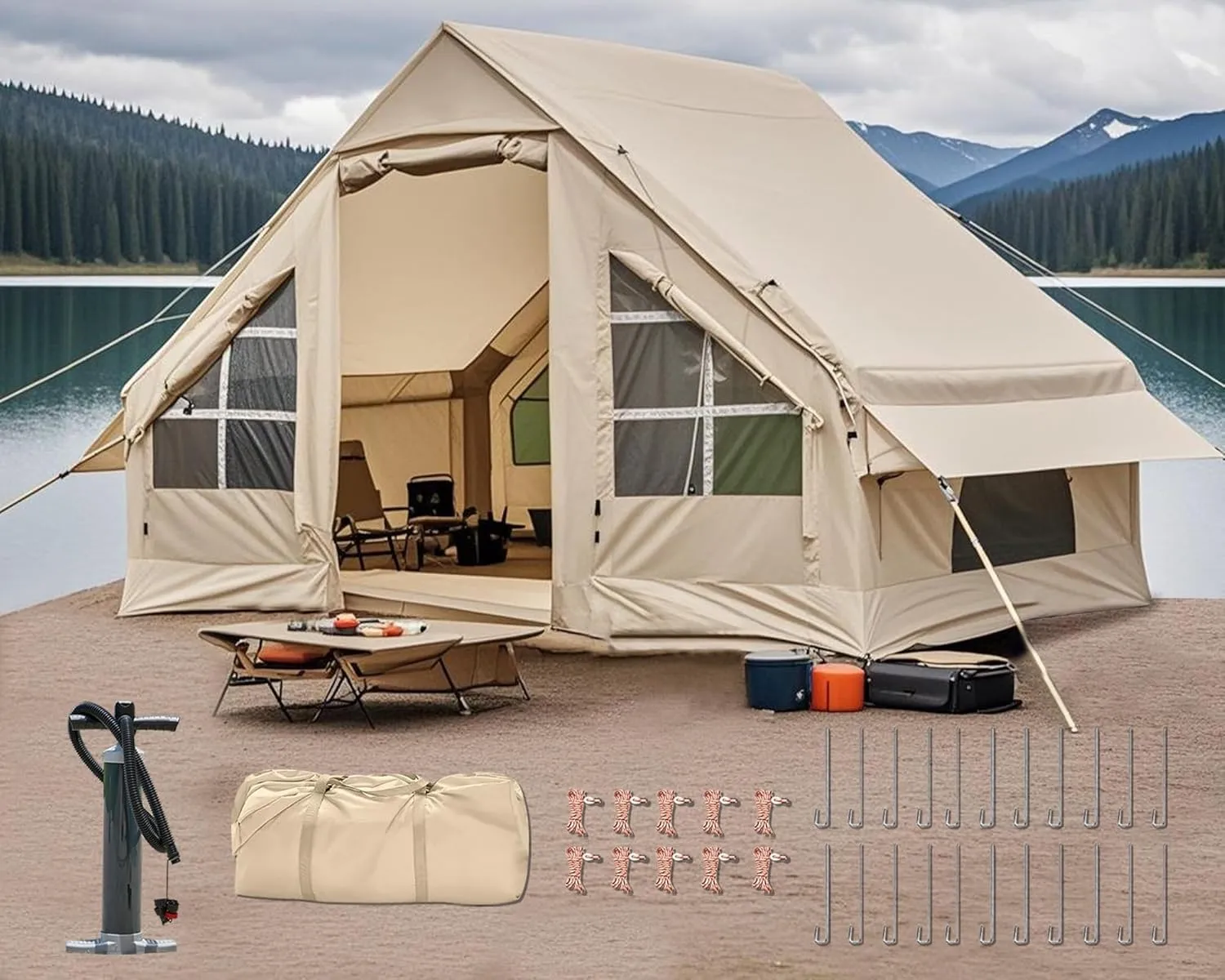Inflatable Camping Tent, 2/4/6/8 Person Glamping Inflatable Tents for Camping, 2025 Update Zipper Door Easy Setup Blow Up Tents Big House with Rainfly&Mosquito Screen, 4 Season