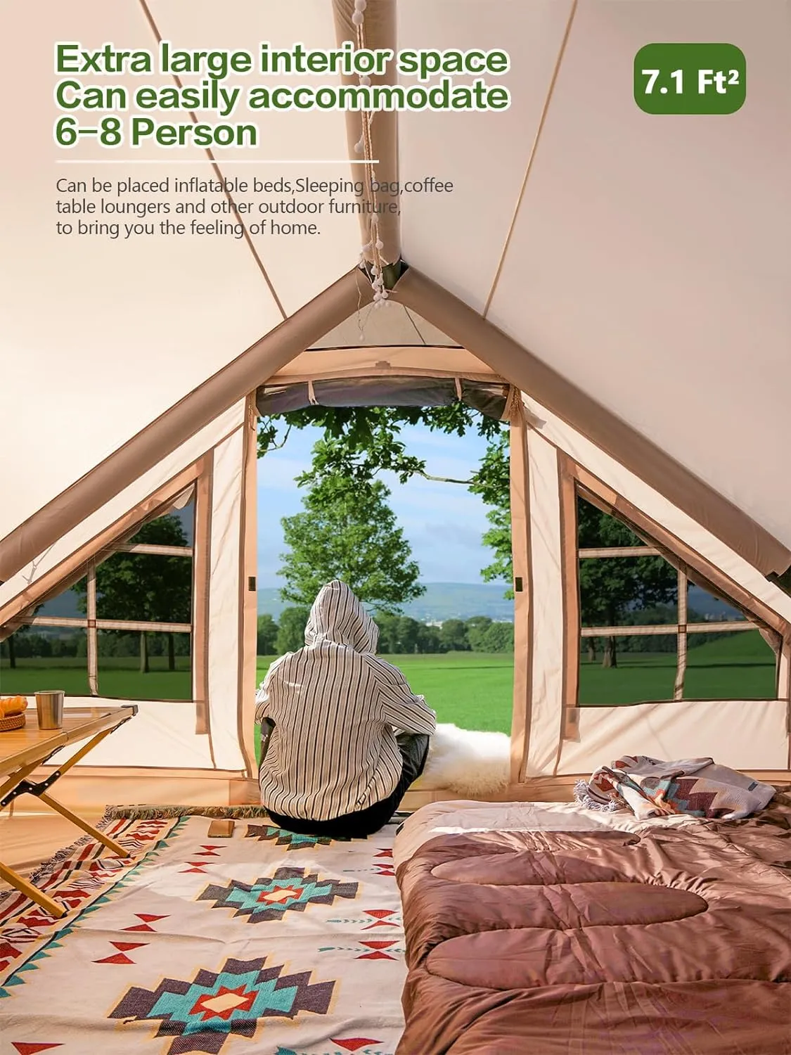 Inflatable Camping Tent, 2/4/6/8 Person Glamping Inflatable Tents for Camping, 2025 Update Zipper Door Easy Setup Blow Up Tents Big House with Rainfly&Mosquito Screen, 4 Season