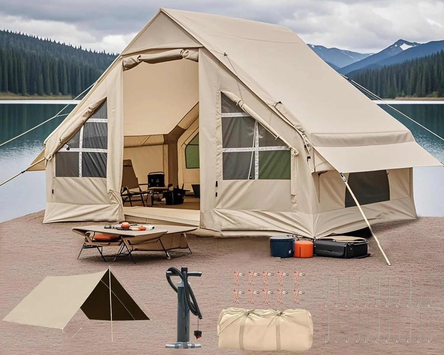 Inflatable Camping Tent, 2/4/6/8 Person Glamping Inflatable Tents for Camping, 2025 Update Zipper Door Easy Setup Blow Up Tents Big House with Rainfly&Mosquito Screen, 4 Season