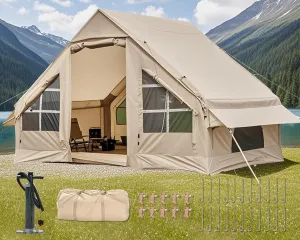 Inflatable Camping Tent, 2/4/6/8 Person Glamping Inflatable Tents for Camping, 2025 Update Zipper Door Easy Setup Blow Up Tents Big House with Rainfly&Mosquito Screen, 4 Season