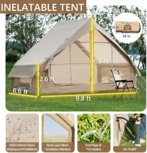 Inflatable Tent with Pump,Glamping Tents for 4-6 Person, Easy Setup 4 Season Waterproof Outdoor Tents,Waterproof Luxury Glamping Tent with 12 Mesh Window