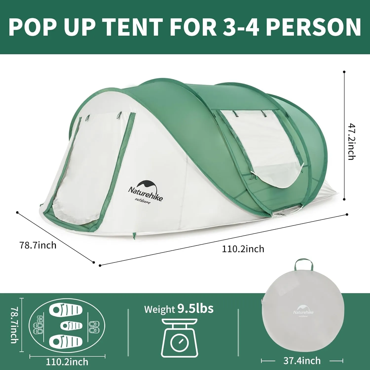 instant 3-4 person pop up camping tent with awning