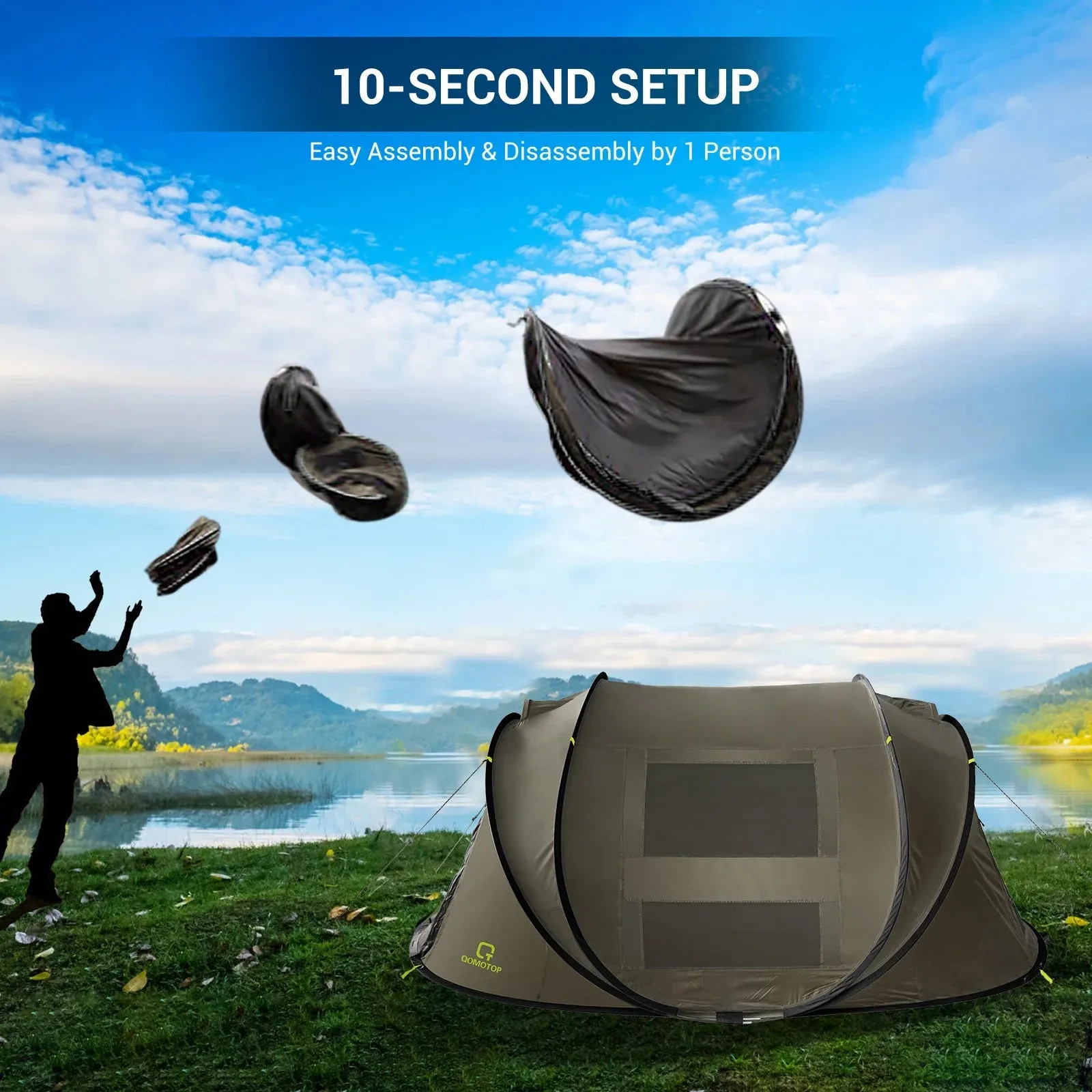 Instant 4-Person Pop-Up Tent, Waterproof with Side Windows, Green