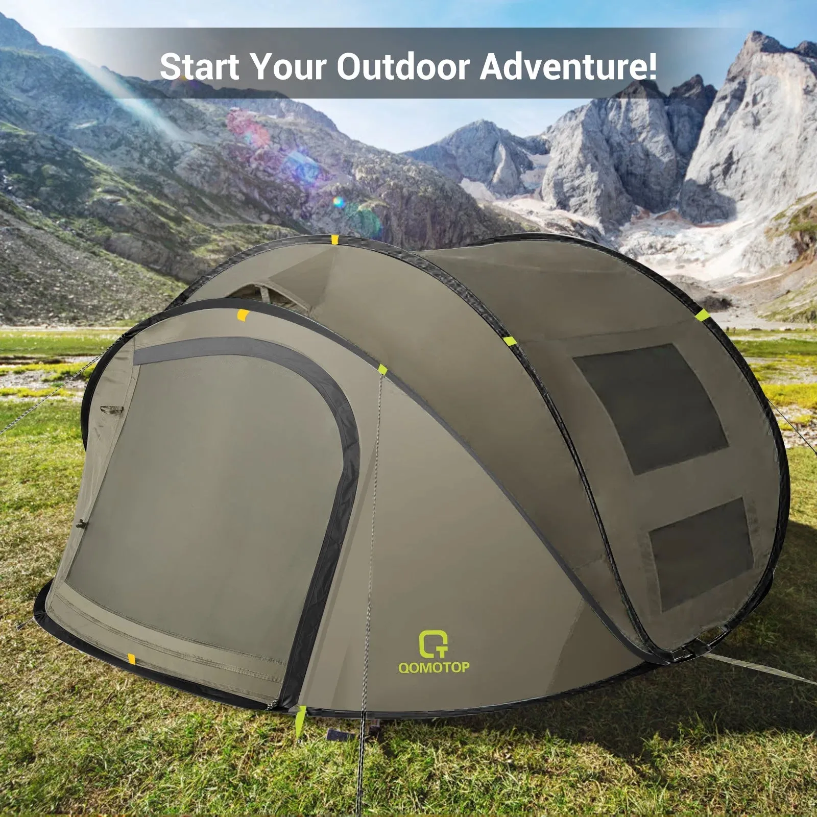 Instant 4-Person Pop-Up Tent, Waterproof with Side Windows, Green