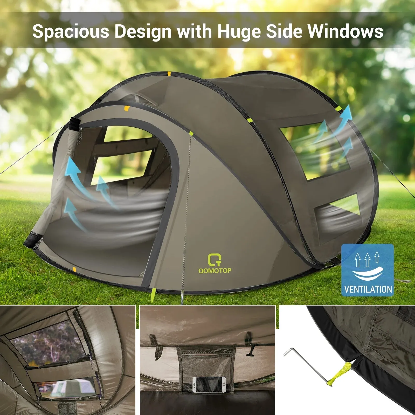 Instant 4-Person Pop-Up Tent, Waterproof with Side Windows, Green