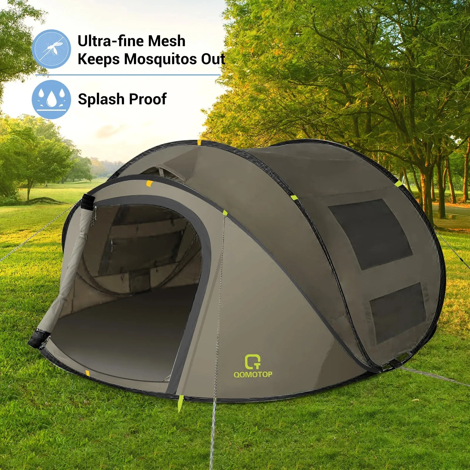 Instant 4-Person Pop-Up Tent, Waterproof with Side Windows, Green