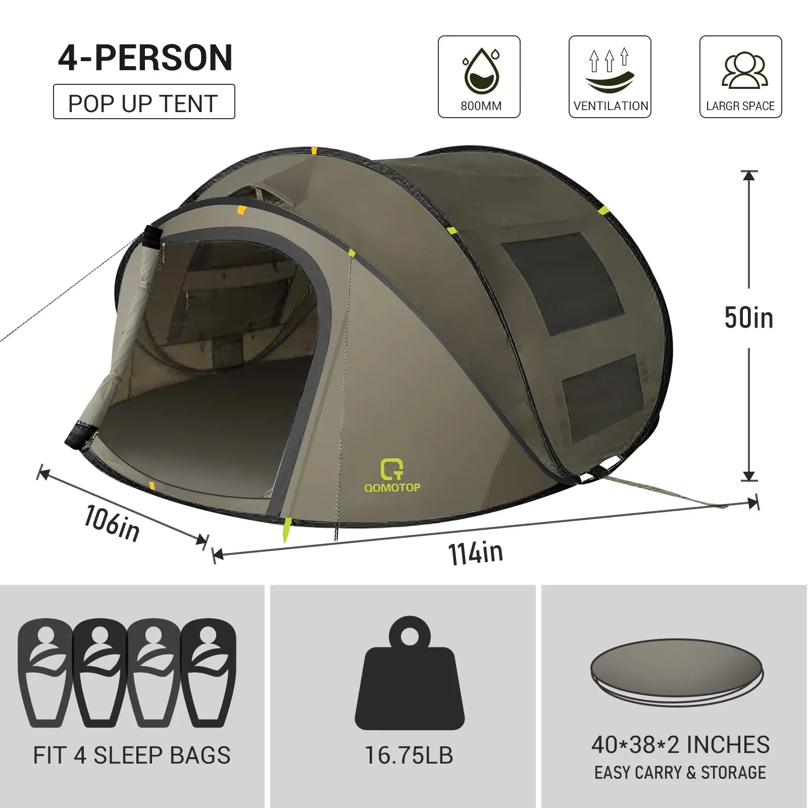 Instant 4-Person Pop-Up Tent, Waterproof with Side Windows, Green