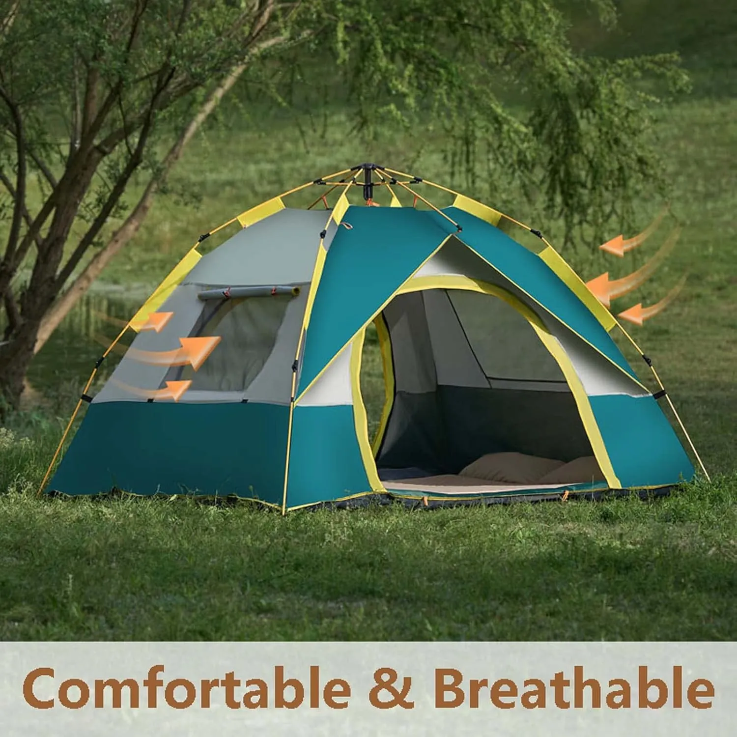 Instant Pop Up Tents for Camping, 2/3/4 Person Easy Quick Setup Family Tents, Waterproof Windproof Dome Tent, Outdoor Tent with 2 Large Mesh Windows and Carry Bag